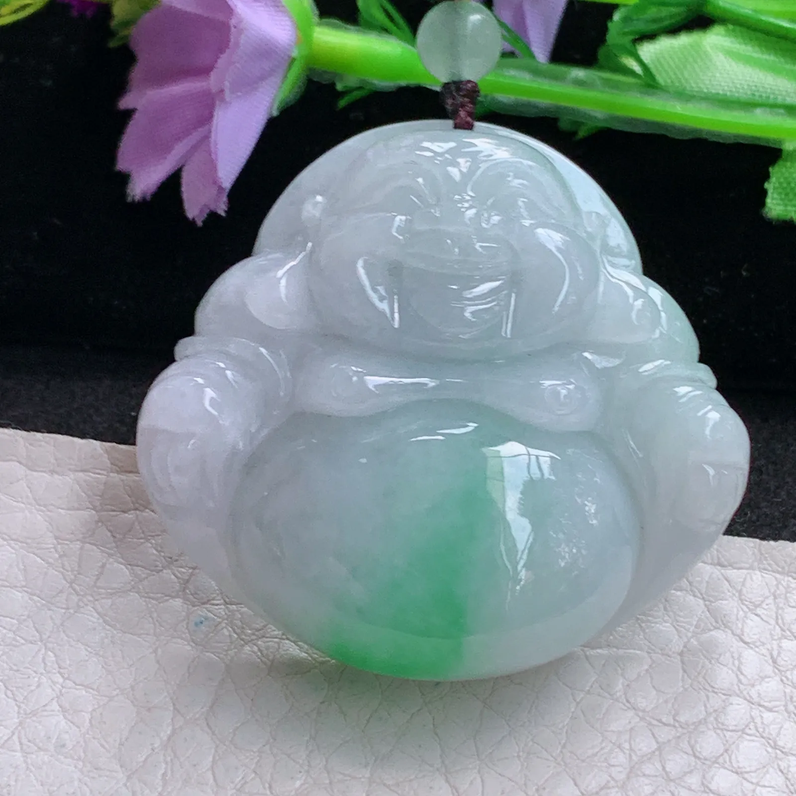zen实拍39*41.5*13缅甸翡翠精雕白底青佛公 弥勒佛玉项坠 玉挂件
