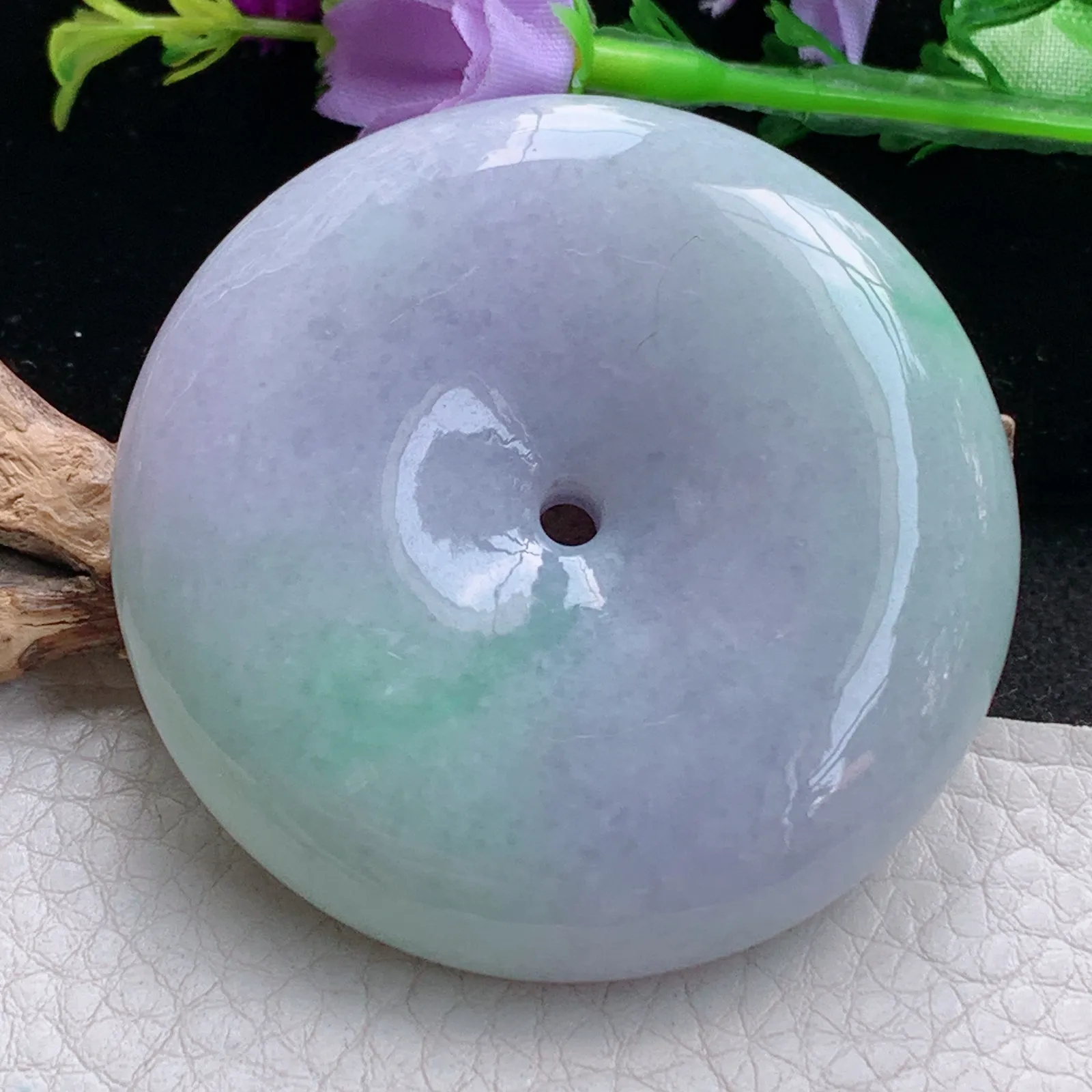 zen实拍55.3*13缅甸翡翠精美春带彩大平安扣 玉扣玉项坠 玉挂件