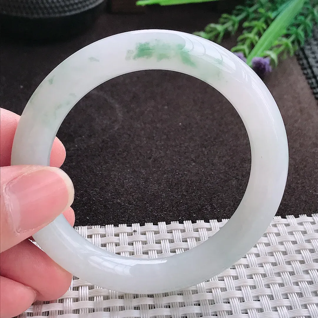 实拍A货翡翠53.6/9.5/9.7老坑冰润水灵飘花圆条手镯翡翠玉镯子平安镯