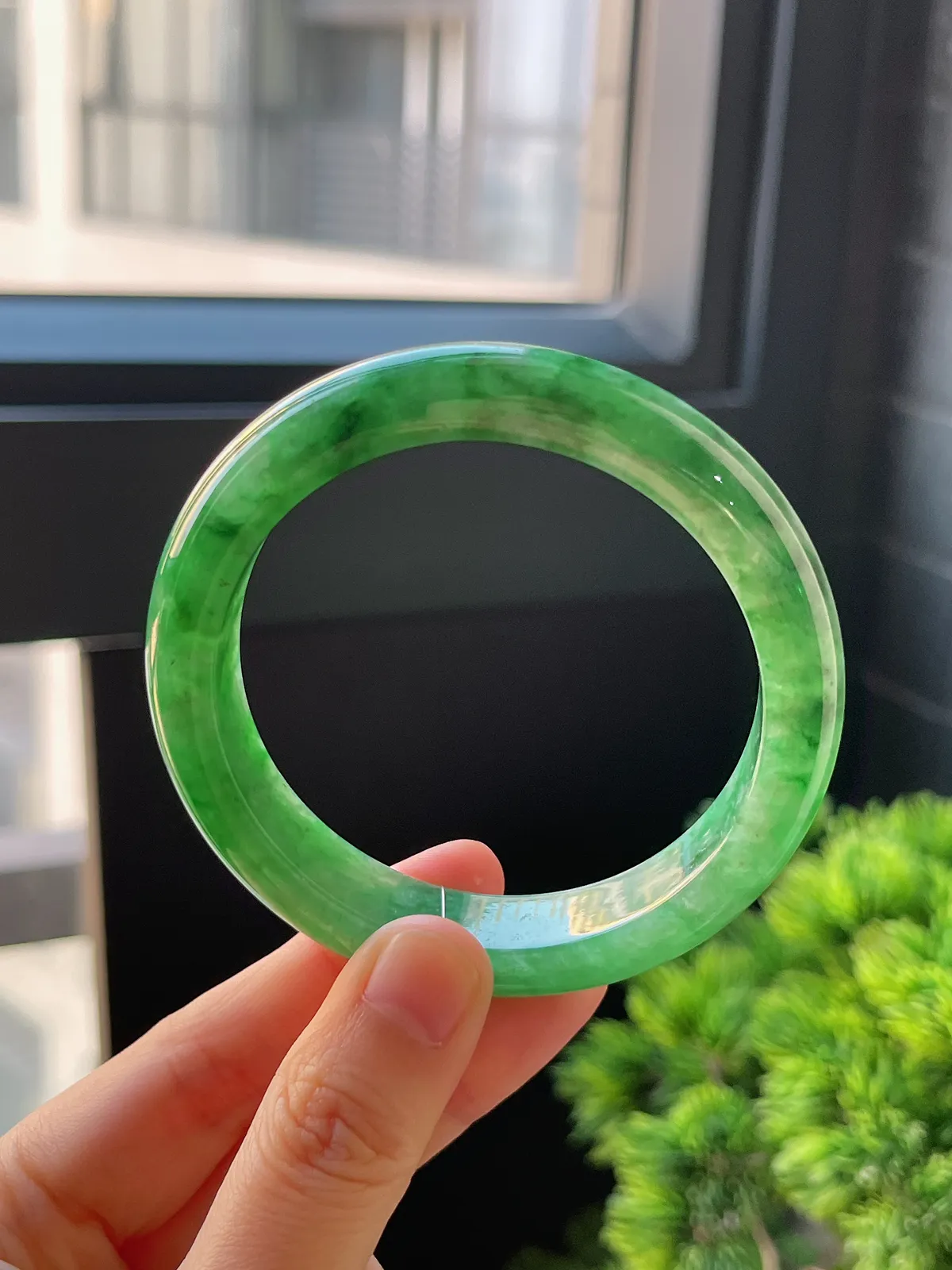 正圈56.3圈口，翡翠糯化种满绿手镯