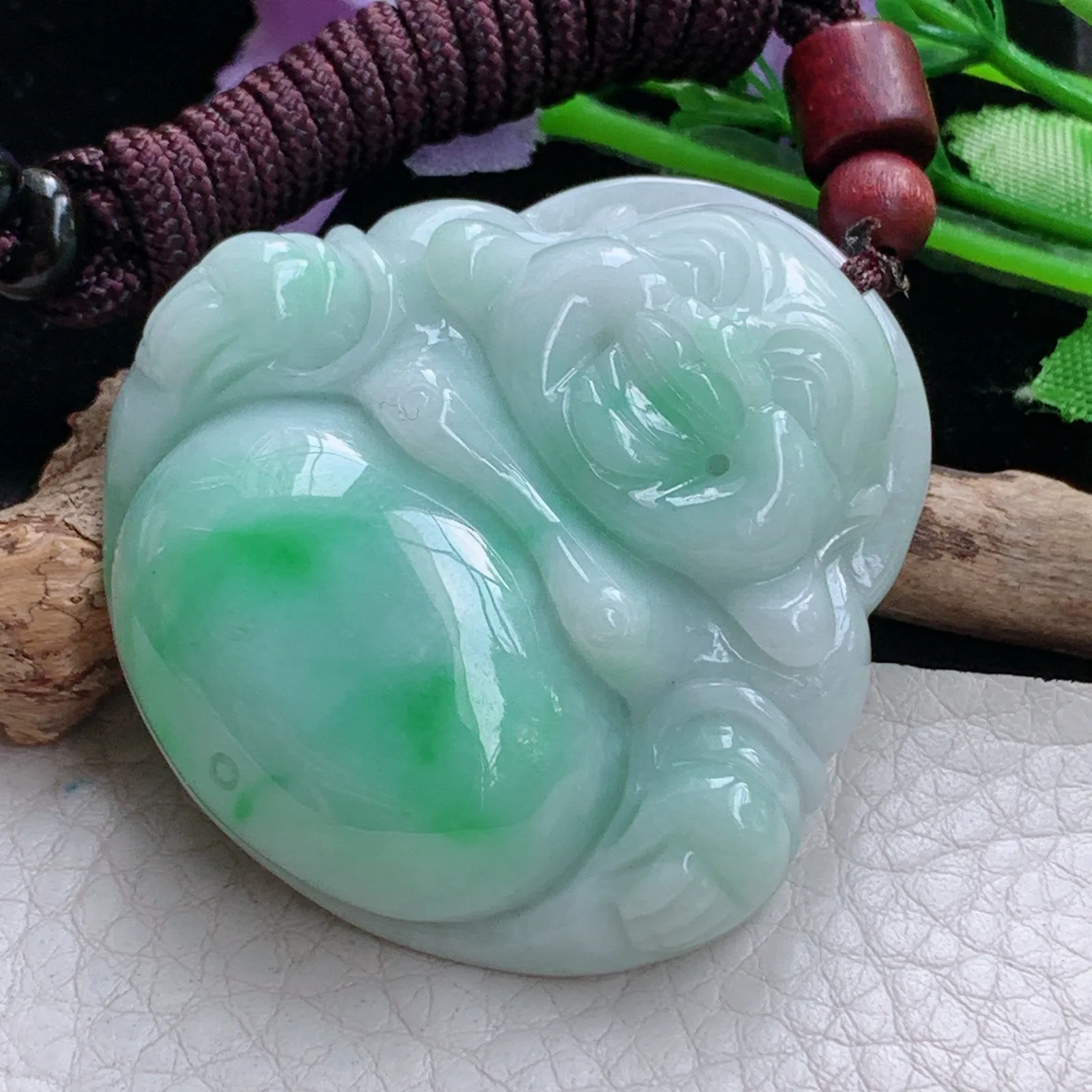 zen实拍49*48*12.5缅甸翡翠精美飘绿大佛公 弥勒佛玉项坠 毛衣坠