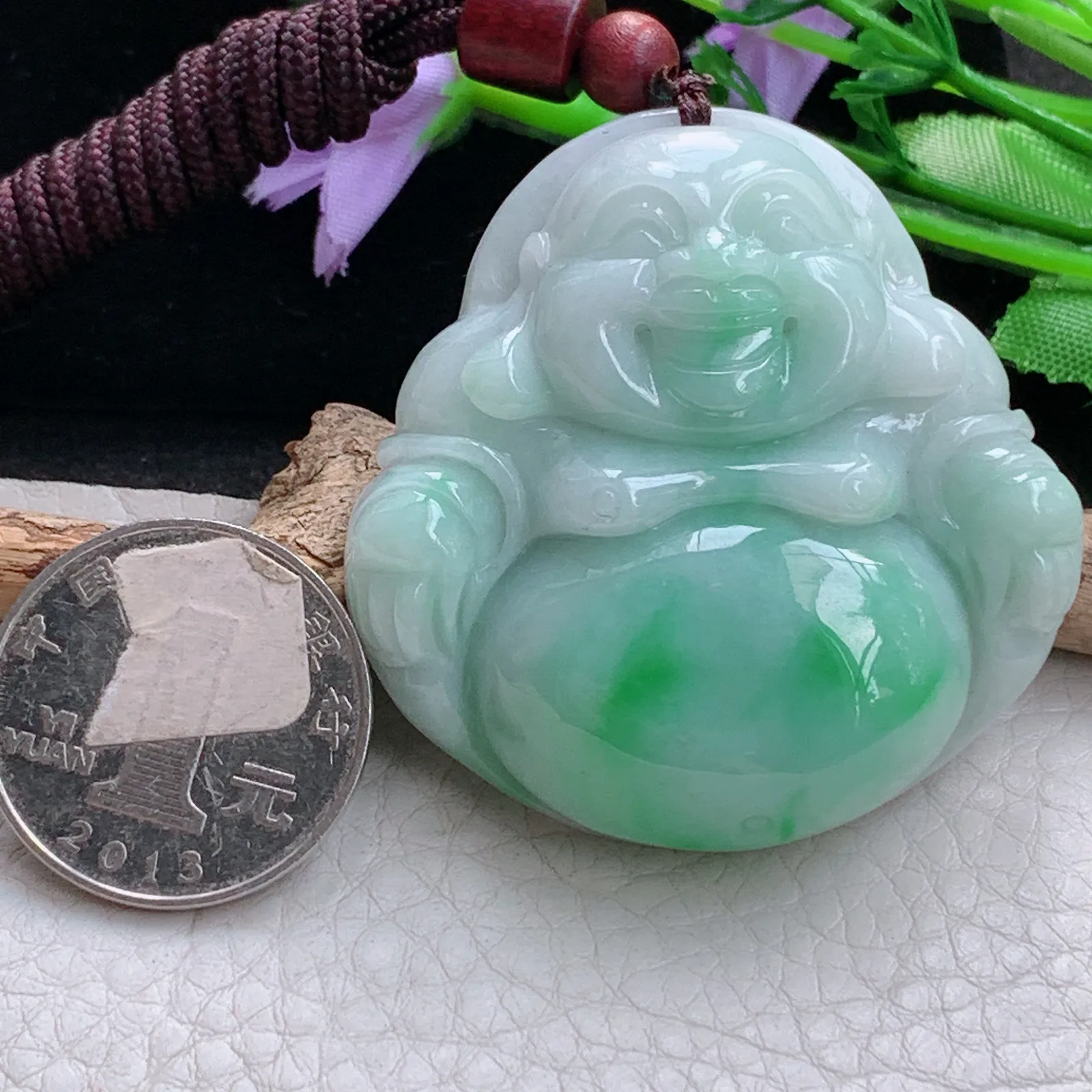 zen实拍49*48*12.5缅甸翡翠精美飘绿大佛公 弥勒佛玉项坠 毛衣坠