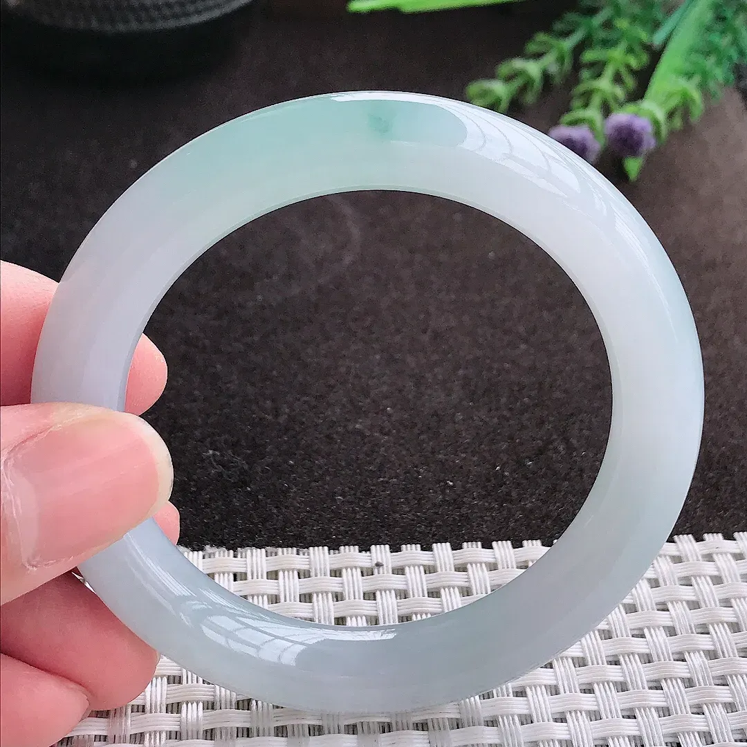 实拍A货翡翠54/10.1/10老坑冰胶果冻飘花圆条手镯翡翠玉镯子平安镯