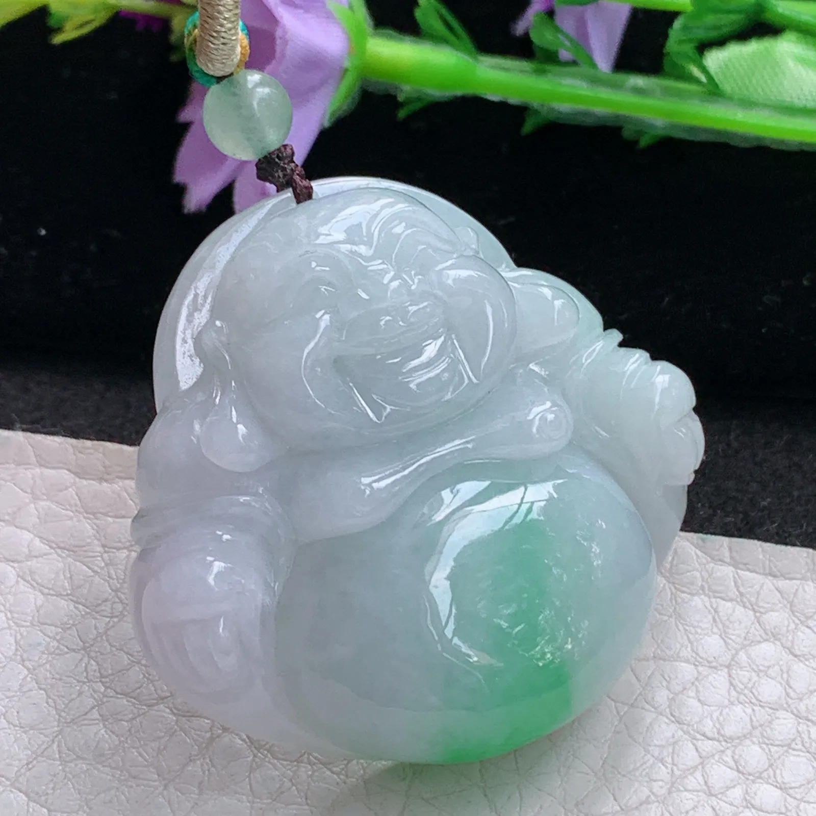 zen实拍39*41.5*13缅甸翡翠精雕白底青佛公 弥勒佛玉项坠 玉挂件