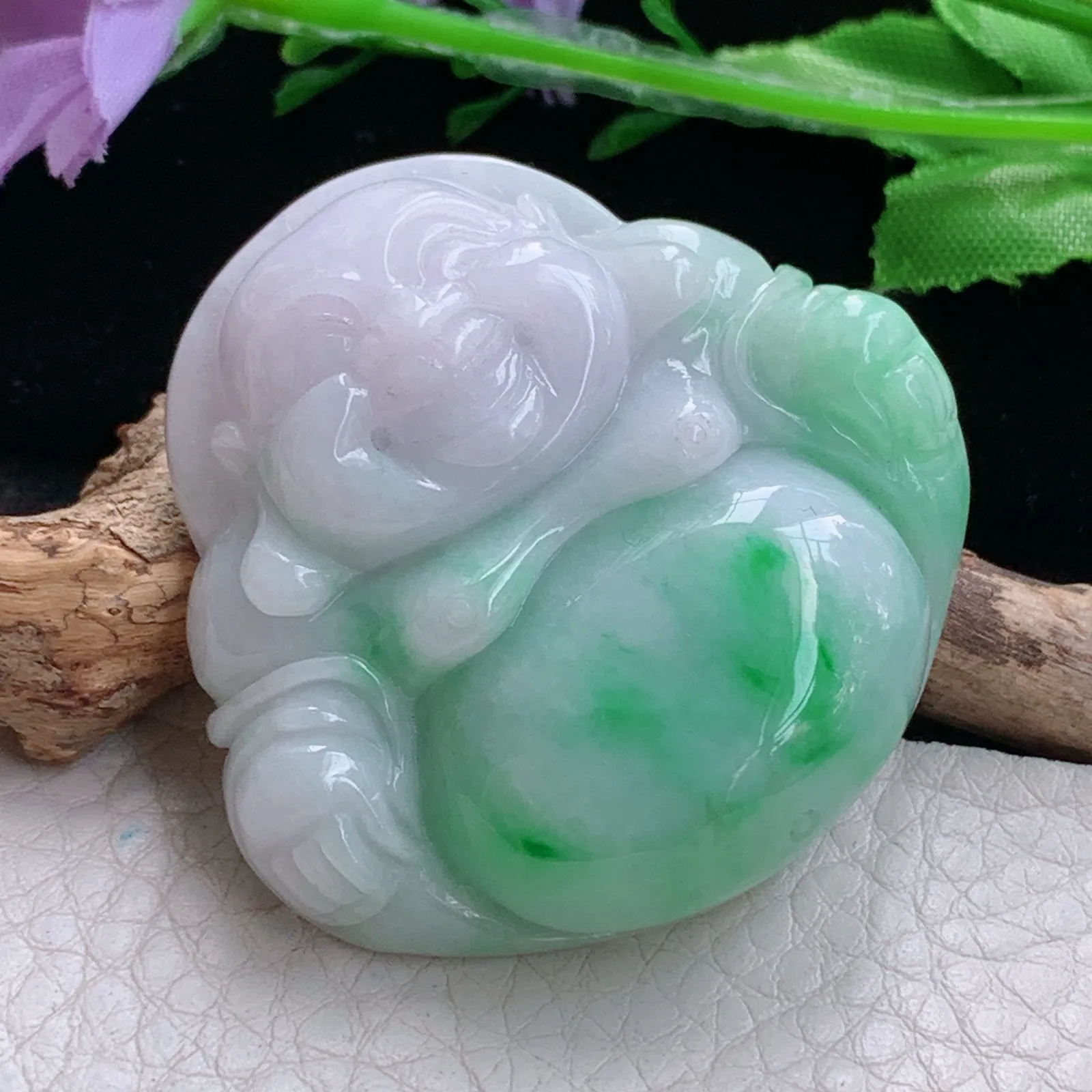 zen实拍45.3*47*12缅甸翡翠精美春带彩大佛公 弥勒佛玉项坠 玉挂件