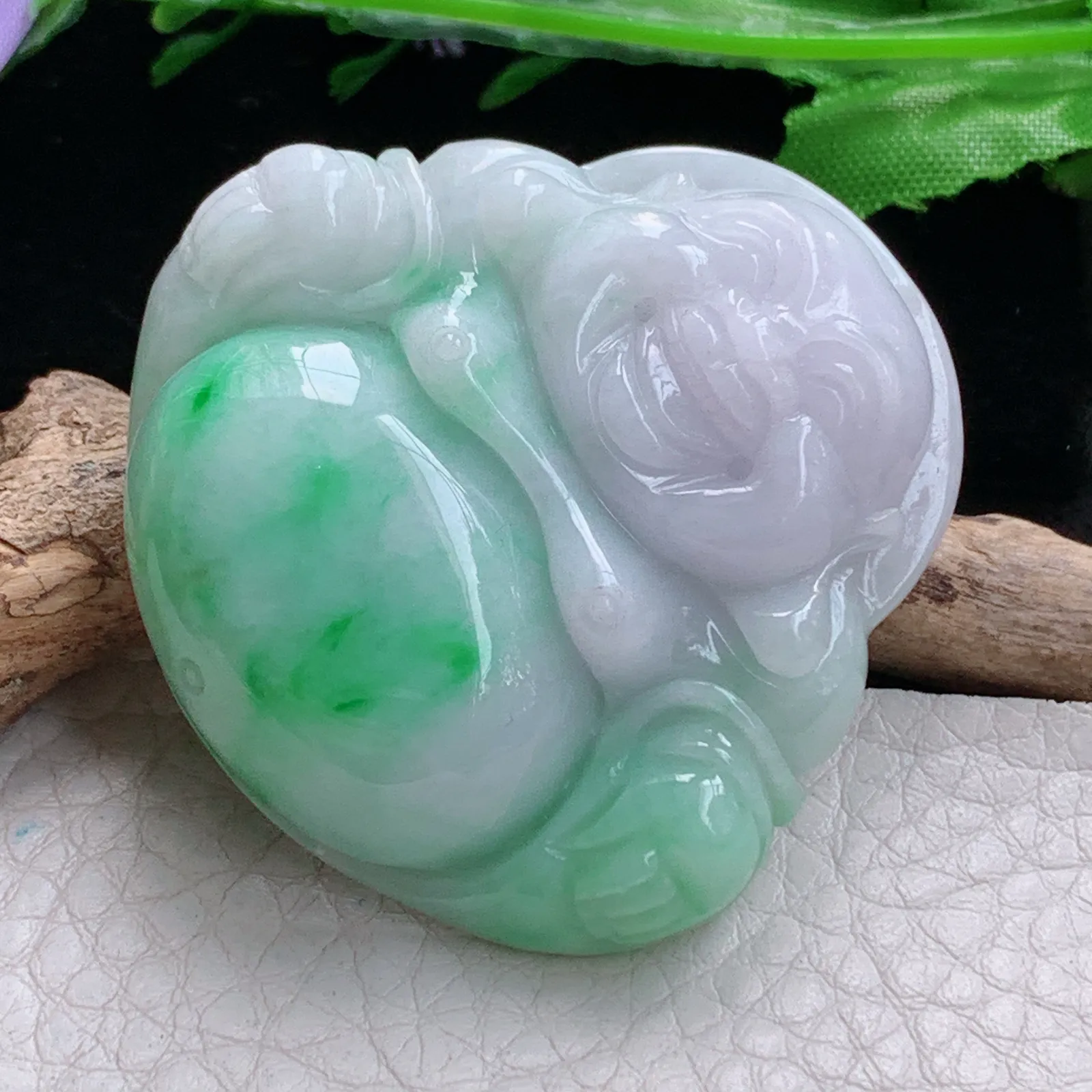 zen实拍45.3*47*12缅甸翡翠精美春带彩大佛公 弥勒佛玉项坠 玉挂件