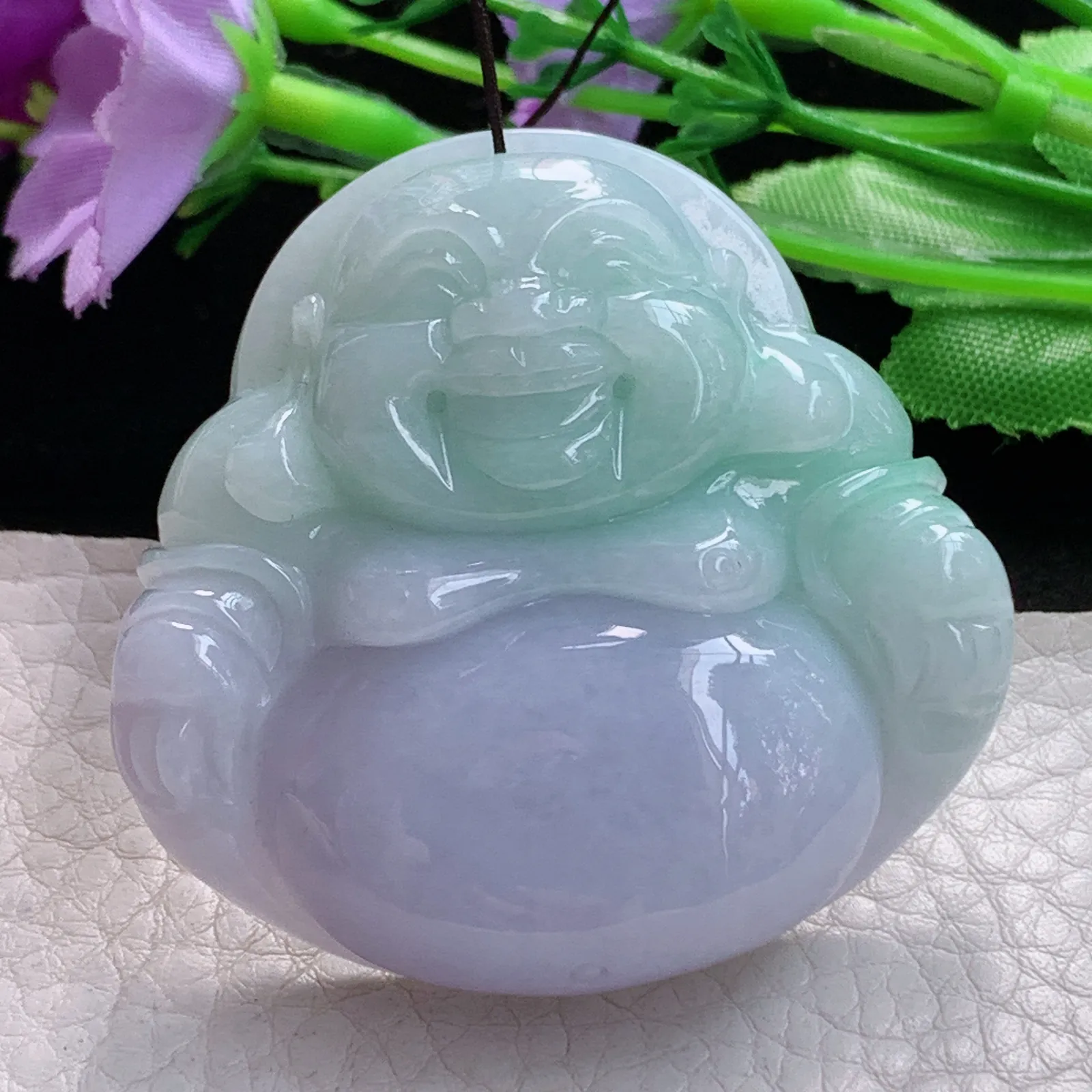 zen实拍49*50.8*13缅甸翡翠精美春带彩大佛公 弥勒佛玉项坠 毛衣坠