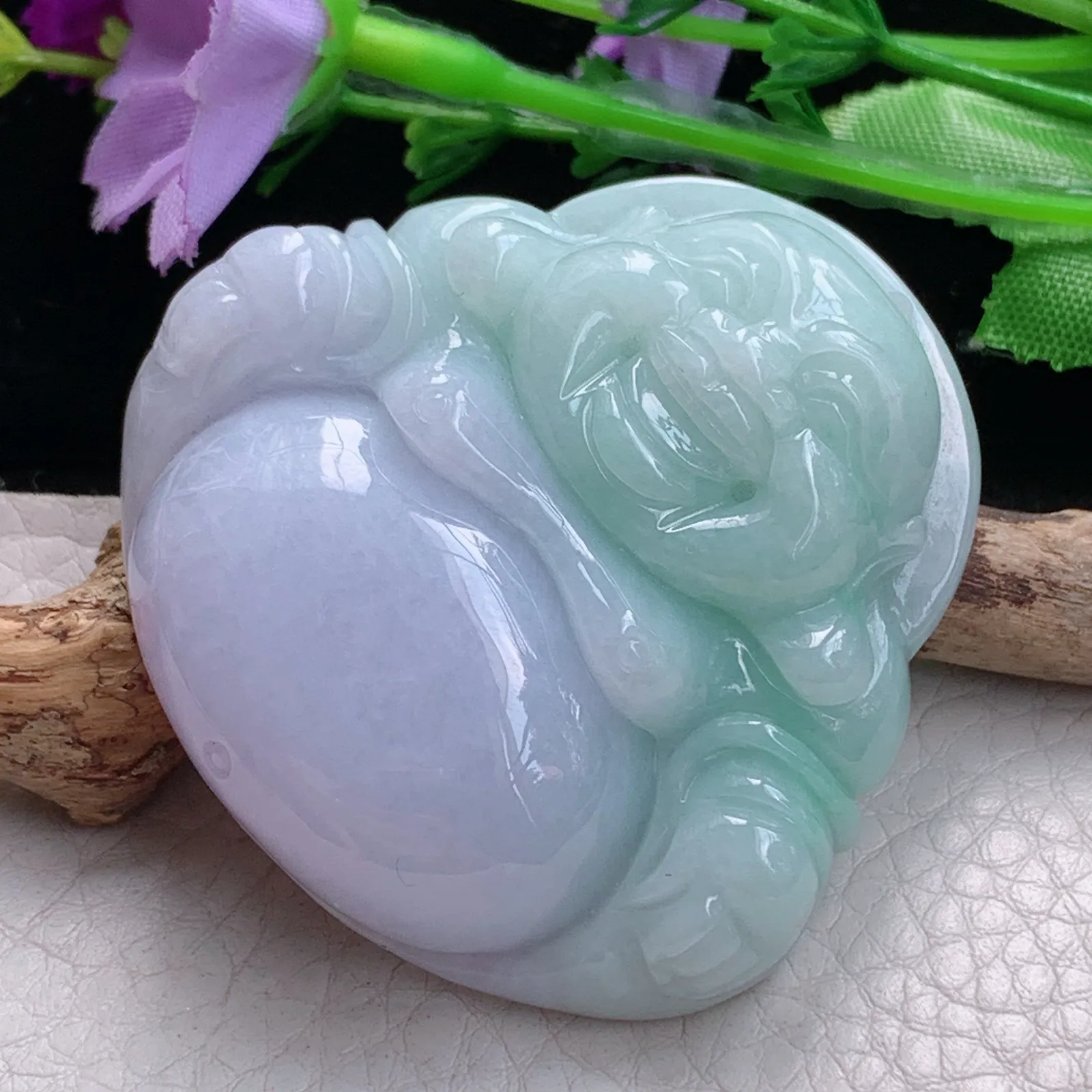 zen实拍49*50.8*13缅甸翡翠精美春带彩大佛公 弥勒佛玉项坠 毛衣坠