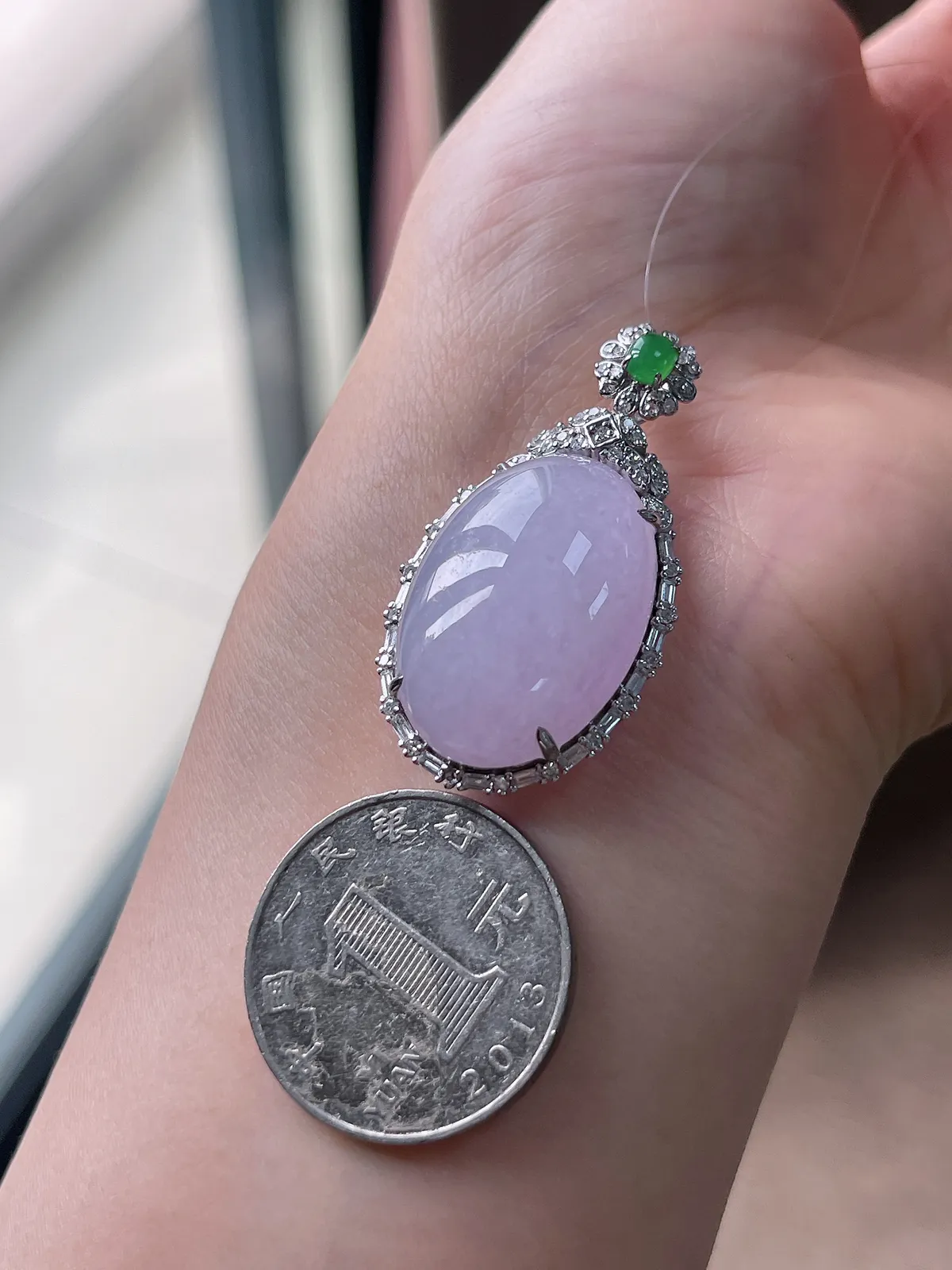 18k金翡翠糯化种紫色戒面吊坠