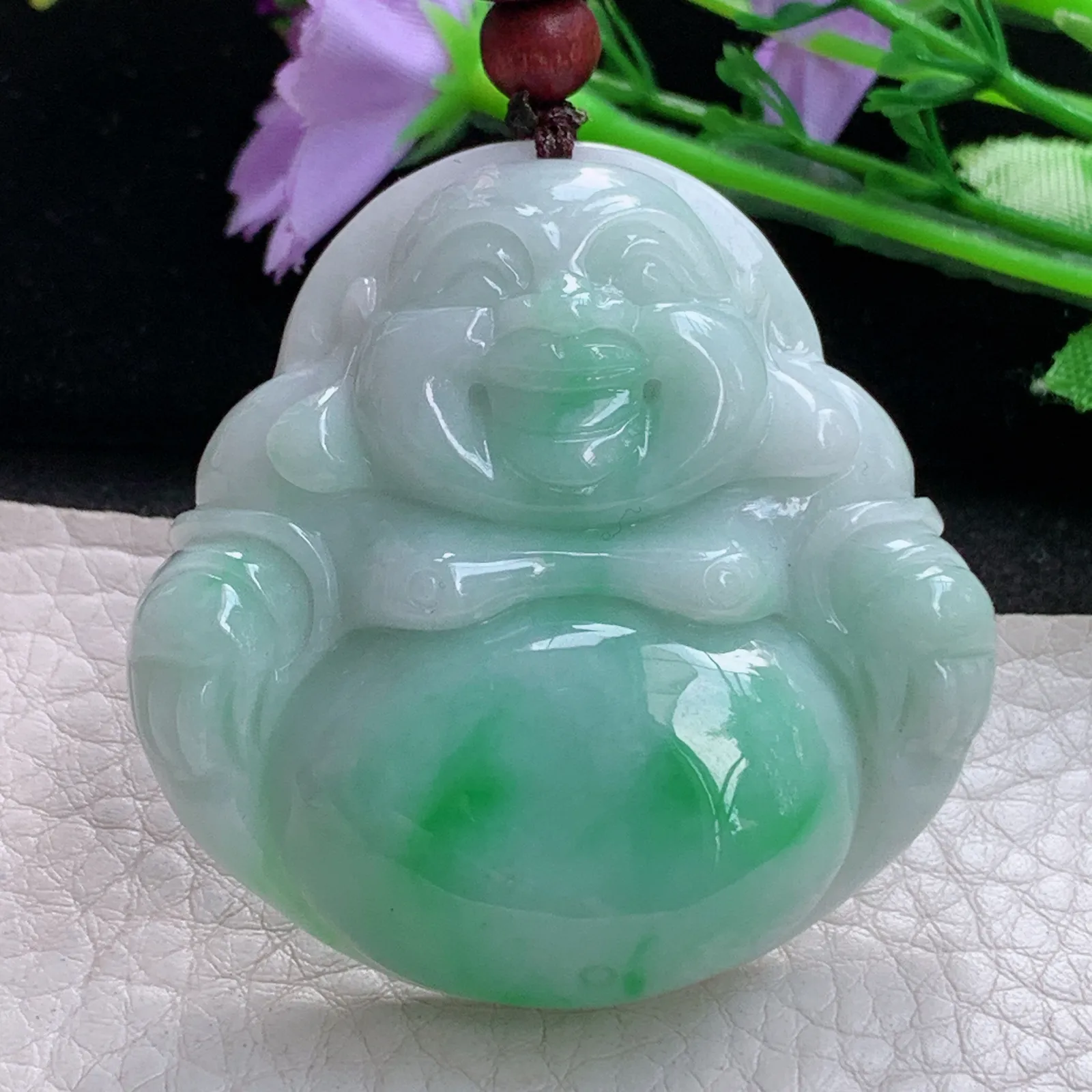 zen实拍49*48*12.5缅甸翡翠精美飘绿大佛公 弥勒佛玉项坠 毛衣坠