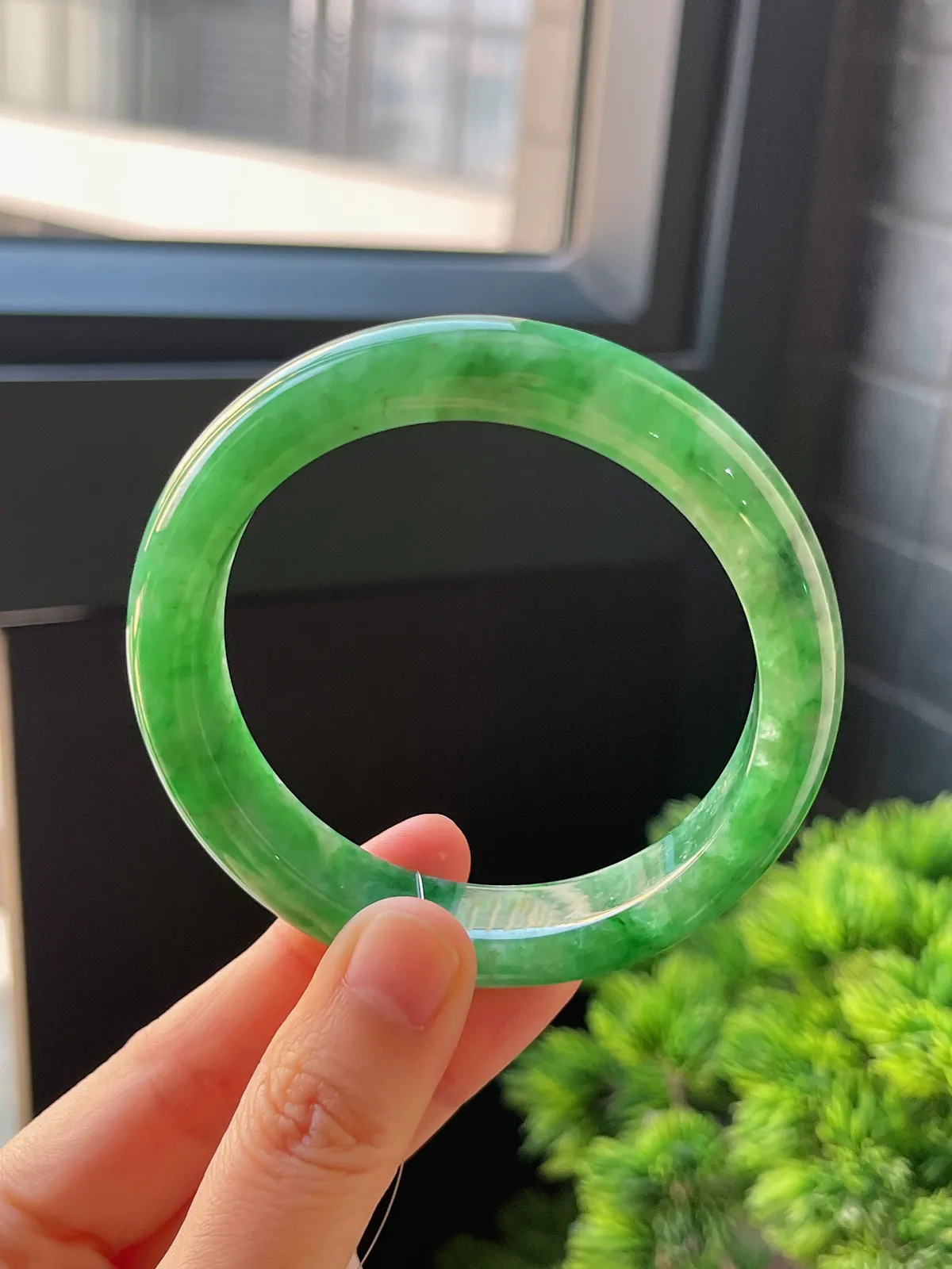 正圈56.3圈口，翡翠糯化种满绿手镯