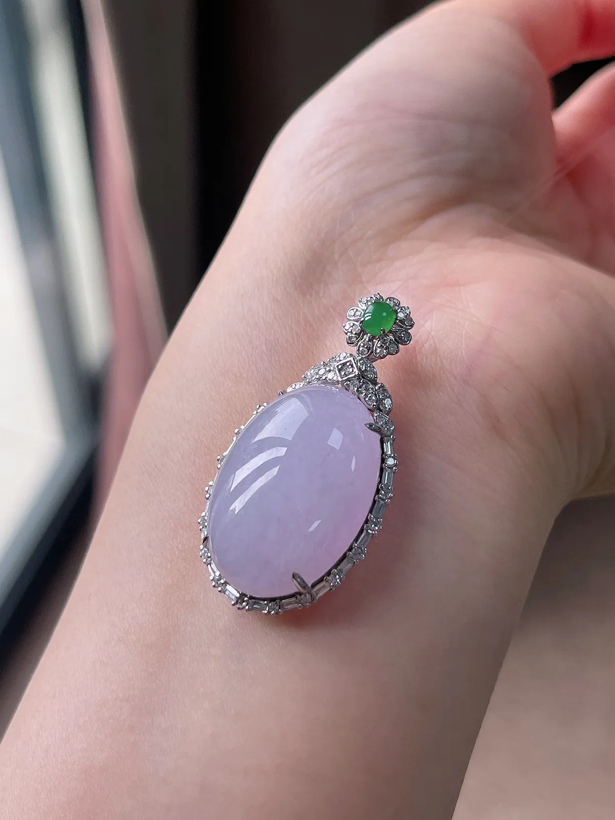 18k金翡翠糯化种紫色戒面吊坠