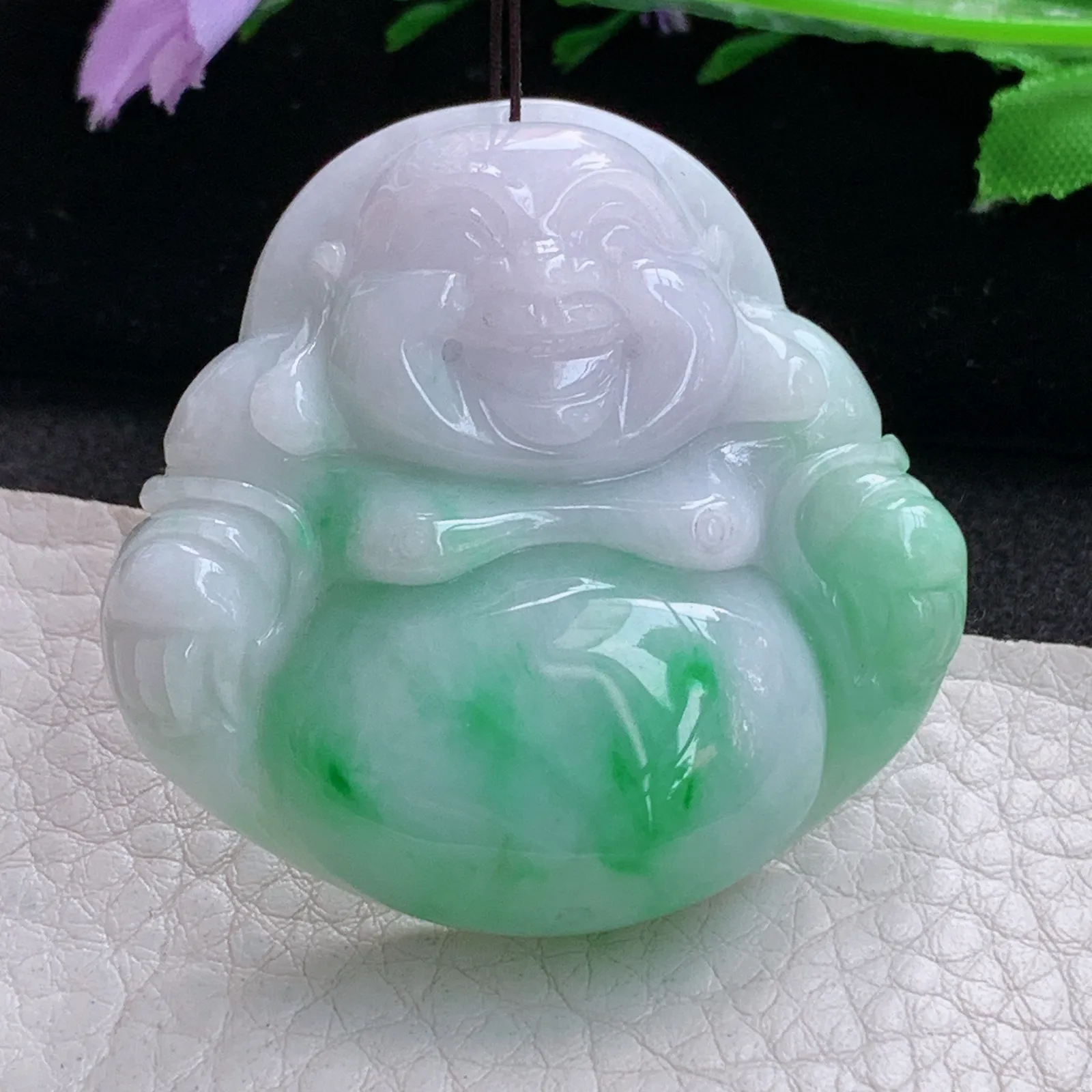 zen实拍45.3*47*12缅甸翡翠精美春带彩大佛公 弥勒佛玉项坠 玉挂件