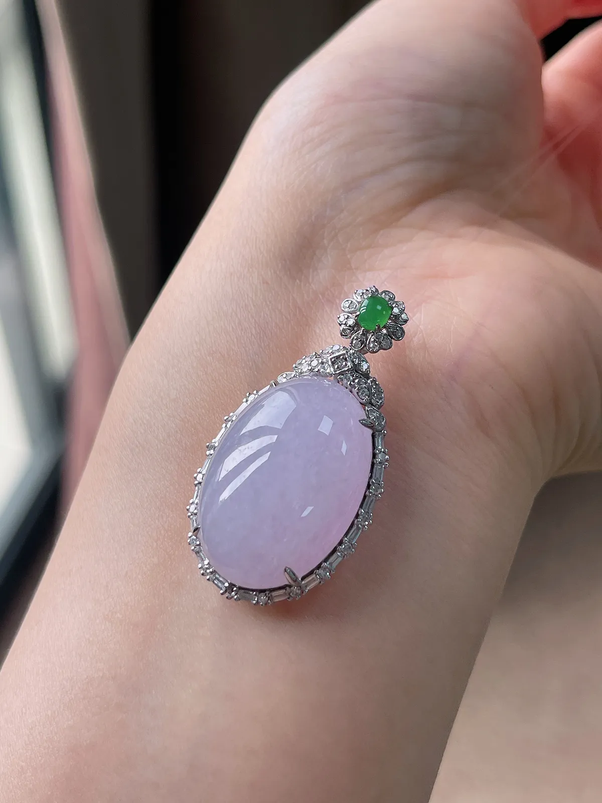 18k金翡翠糯化种紫色戒面吊坠