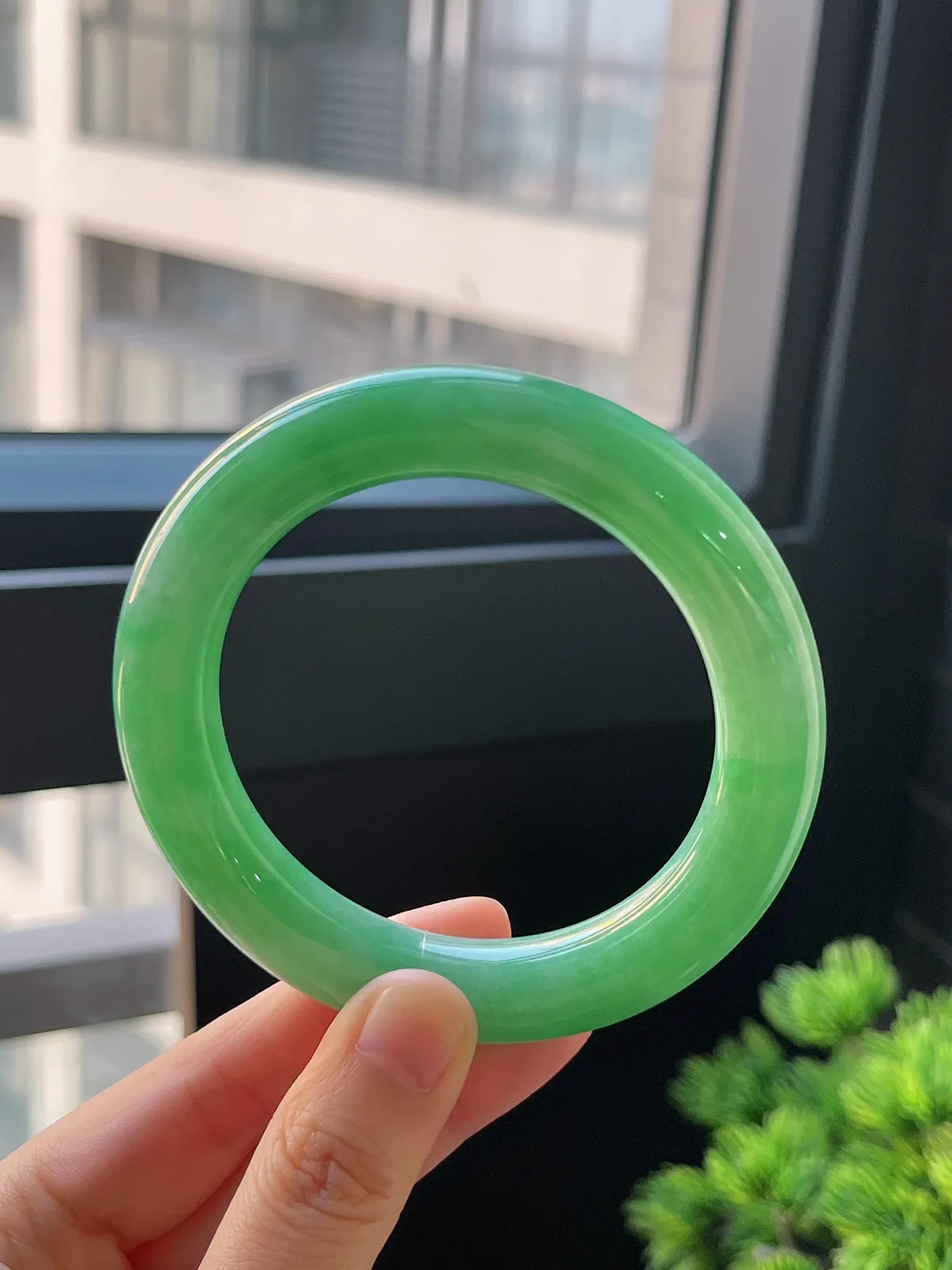 圆镯57圈口，翡翠糯化种满绿手镯