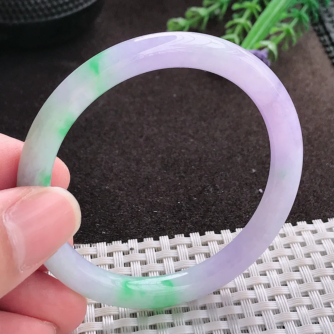 实拍A货翡翠51.5/6.5/7老坑精美春带彩圆条手镯翡翠细条玉镯子平安镯