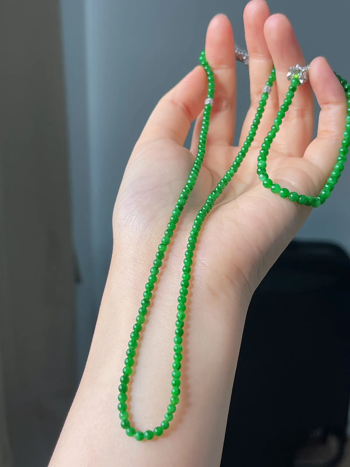 翡翠满绿小米珠项链+手链，两件套