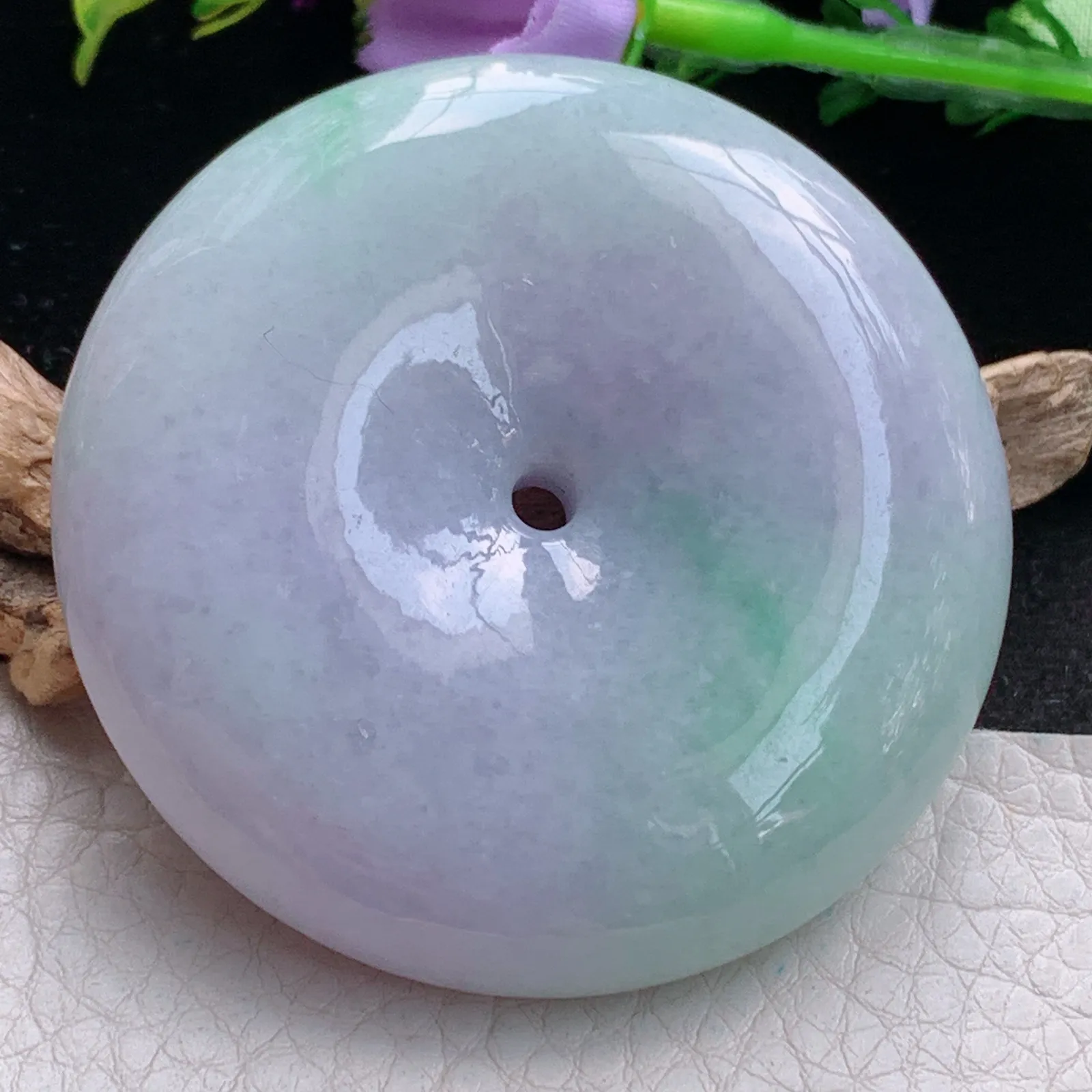 zen实拍55.3*13缅甸翡翠精美春带彩大平安扣 玉扣玉项坠 玉挂件