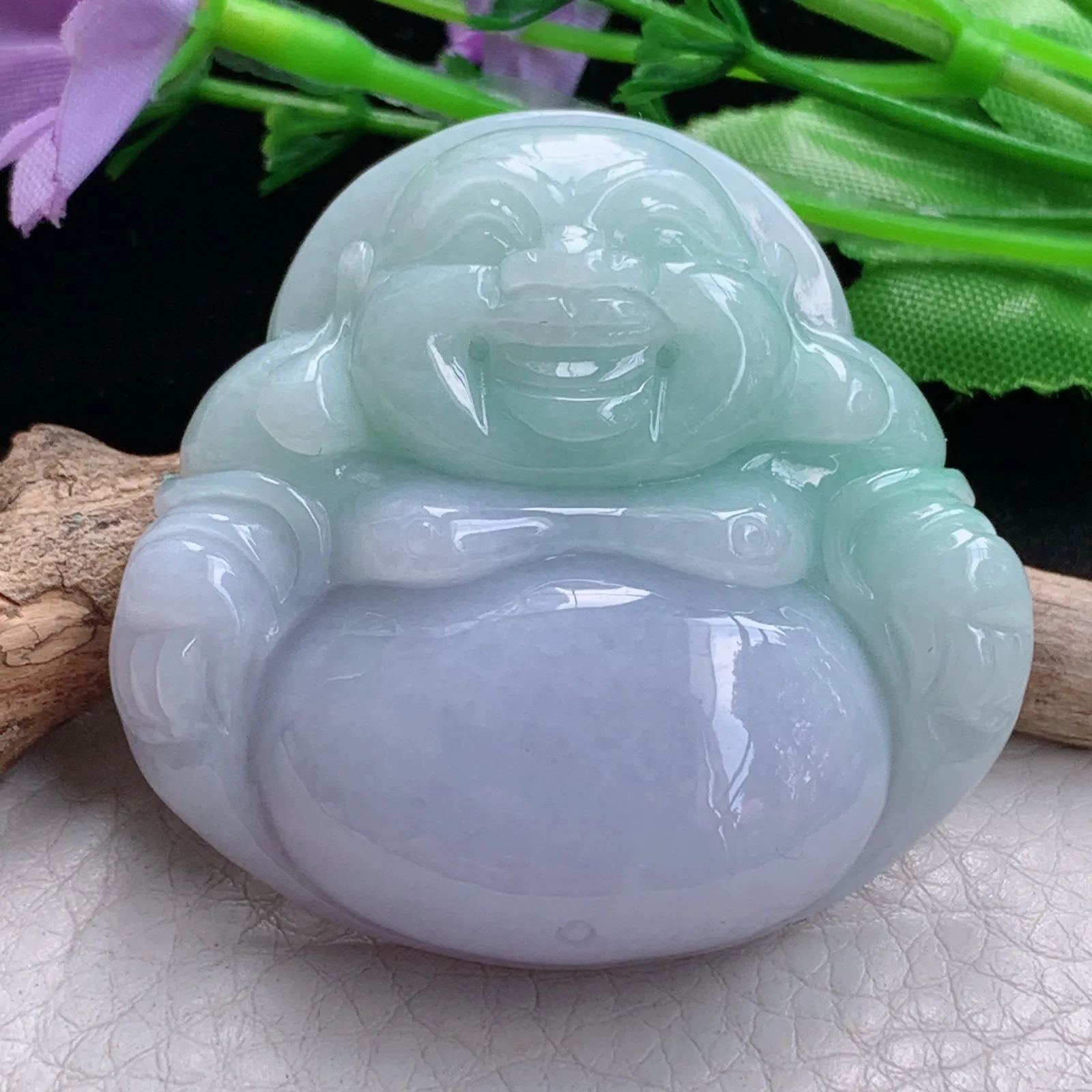 zen实拍49*50.8*13缅甸翡翠精美春带彩大佛公 弥勒佛玉项坠 毛衣坠