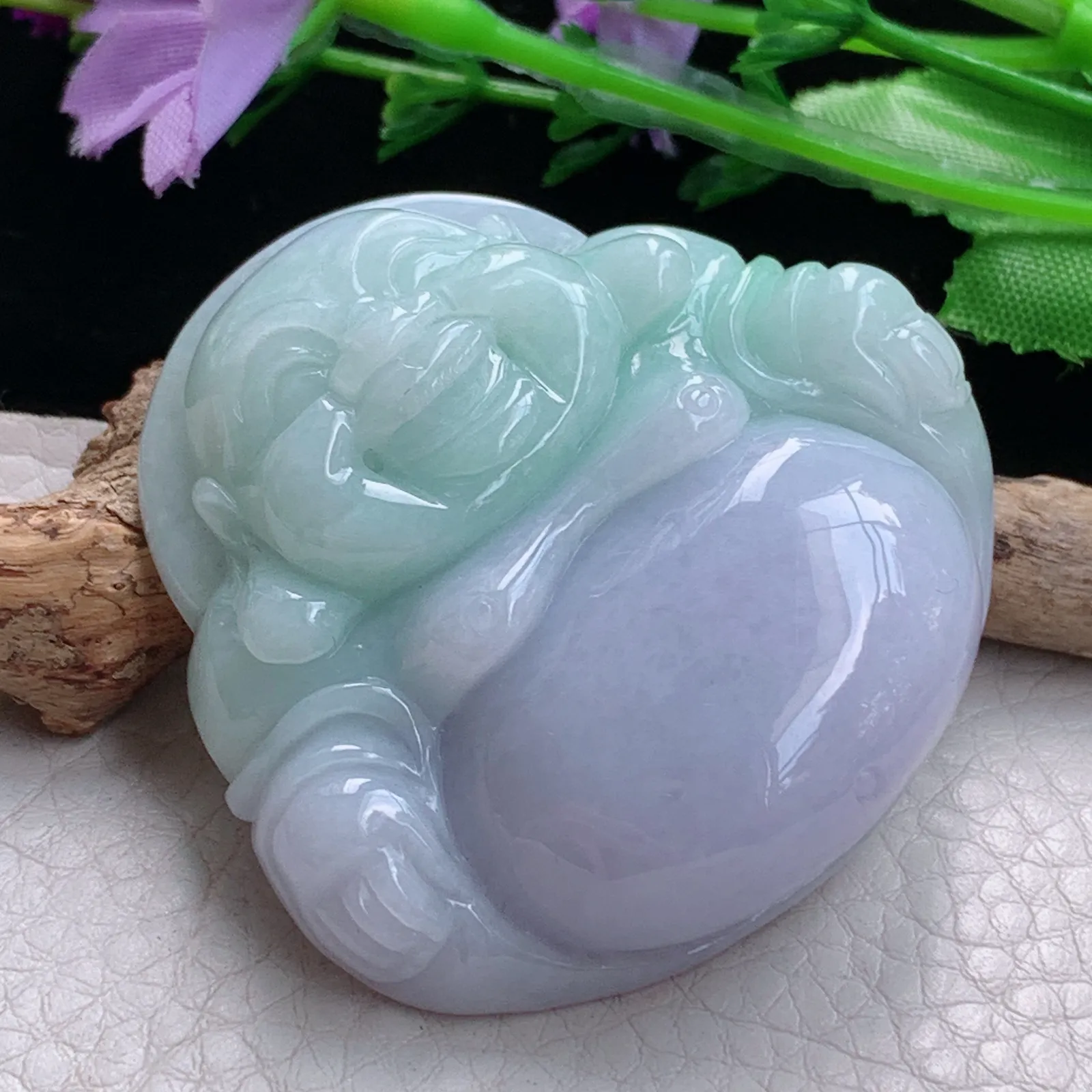 zen实拍49*50.8*13缅甸翡翠精美春带彩大佛公 弥勒佛玉项坠 毛衣坠