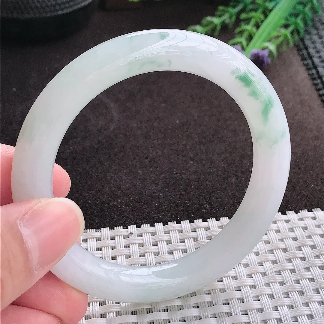 实拍A货翡翠53.6/9.5/9.7老坑冰润水灵飘花圆条手镯翡翠玉镯子平安镯