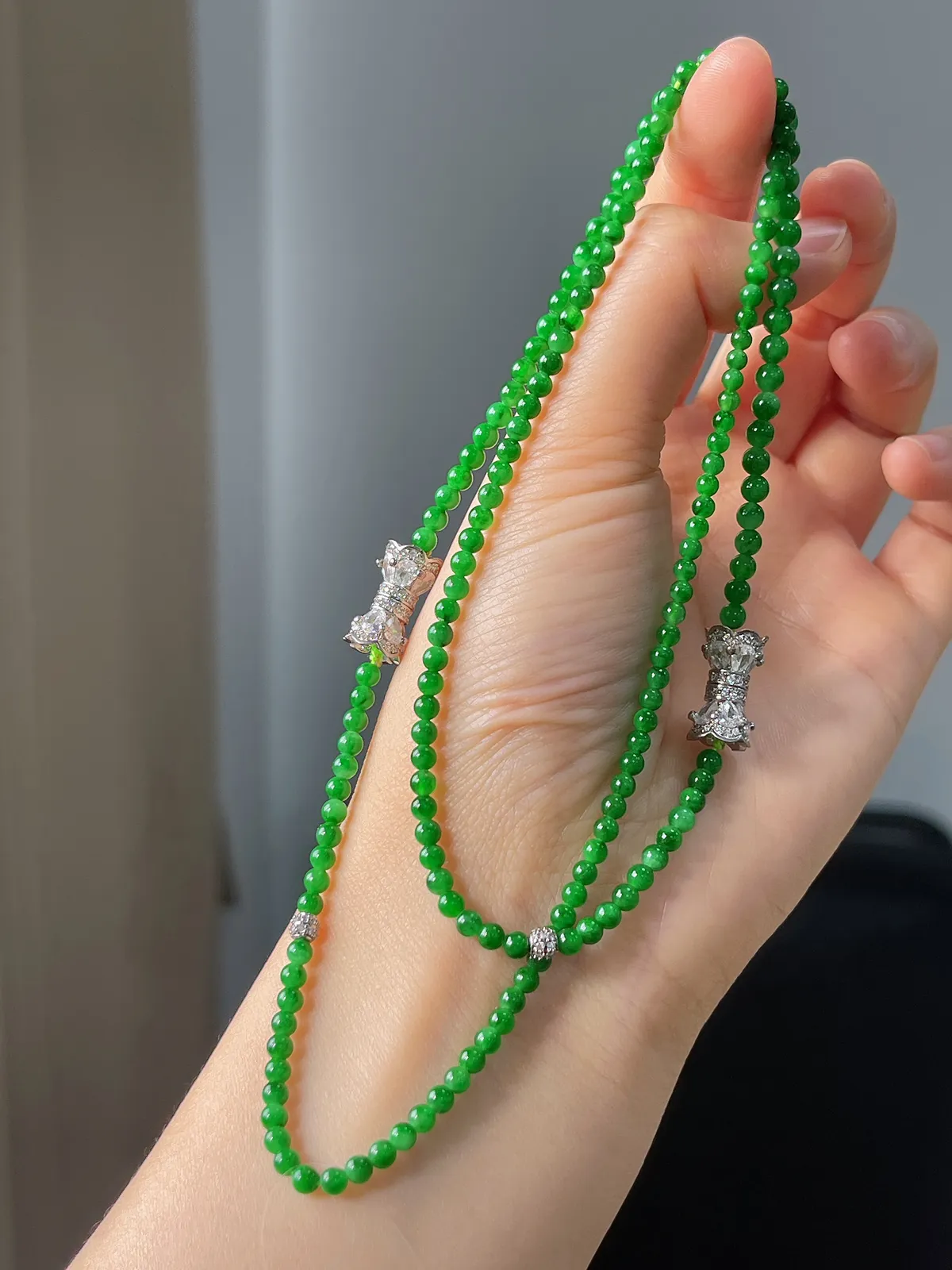 翡翠满绿小米珠项链+手链，两件套