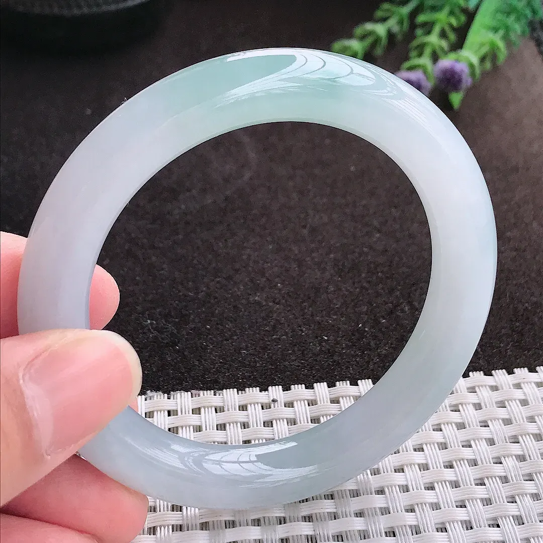 实拍A货翡翠54/10.1/10老坑冰胶果冻飘花圆条手镯翡翠玉镯子平安镯