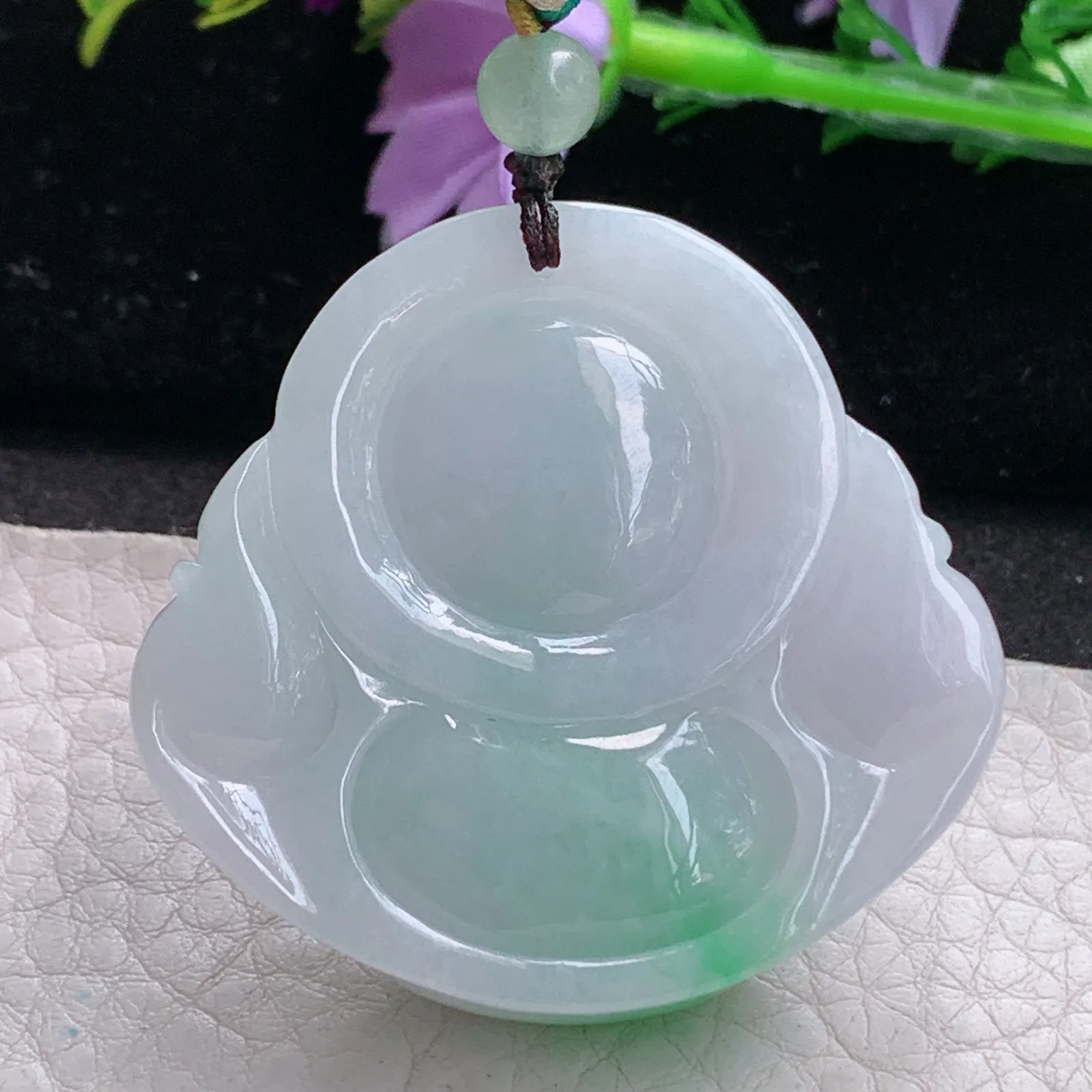 zen实拍39*41.5*13缅甸翡翠精雕白底青佛公 弥勒佛玉项坠 玉挂件