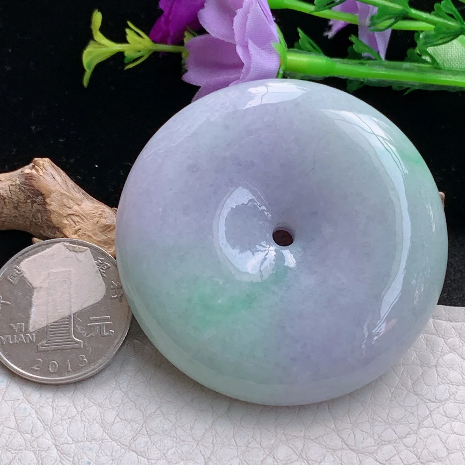 zen实拍55.3*13缅甸翡翠精美春带彩大平安扣 玉扣玉项坠 玉挂件