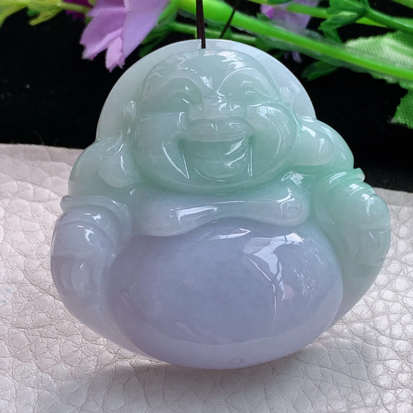 zen实拍49*50.8*13缅甸翡翠精美春带彩大佛公 弥勒佛玉项坠 毛衣坠