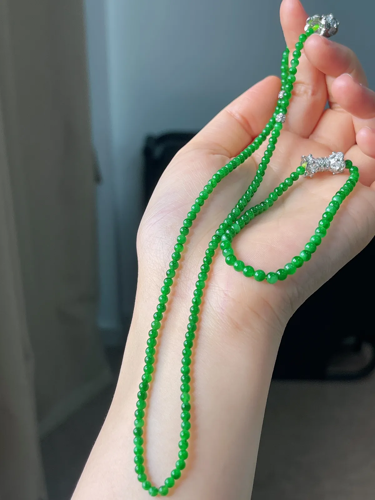 翡翠满绿小米珠项链+手链，两件套