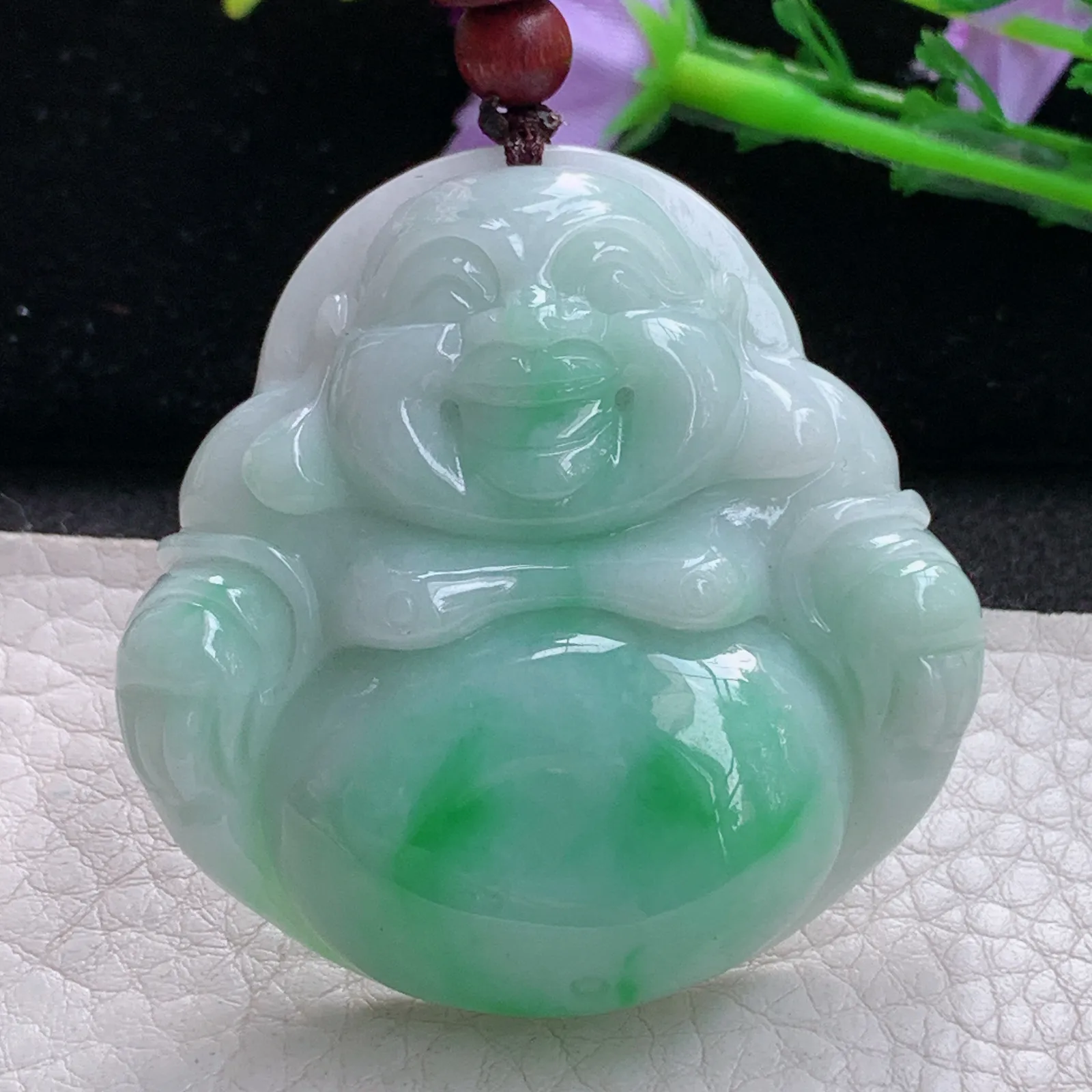zen实拍49*48*12.5缅甸翡翠精美飘绿大佛公 弥勒佛玉项坠 毛衣坠