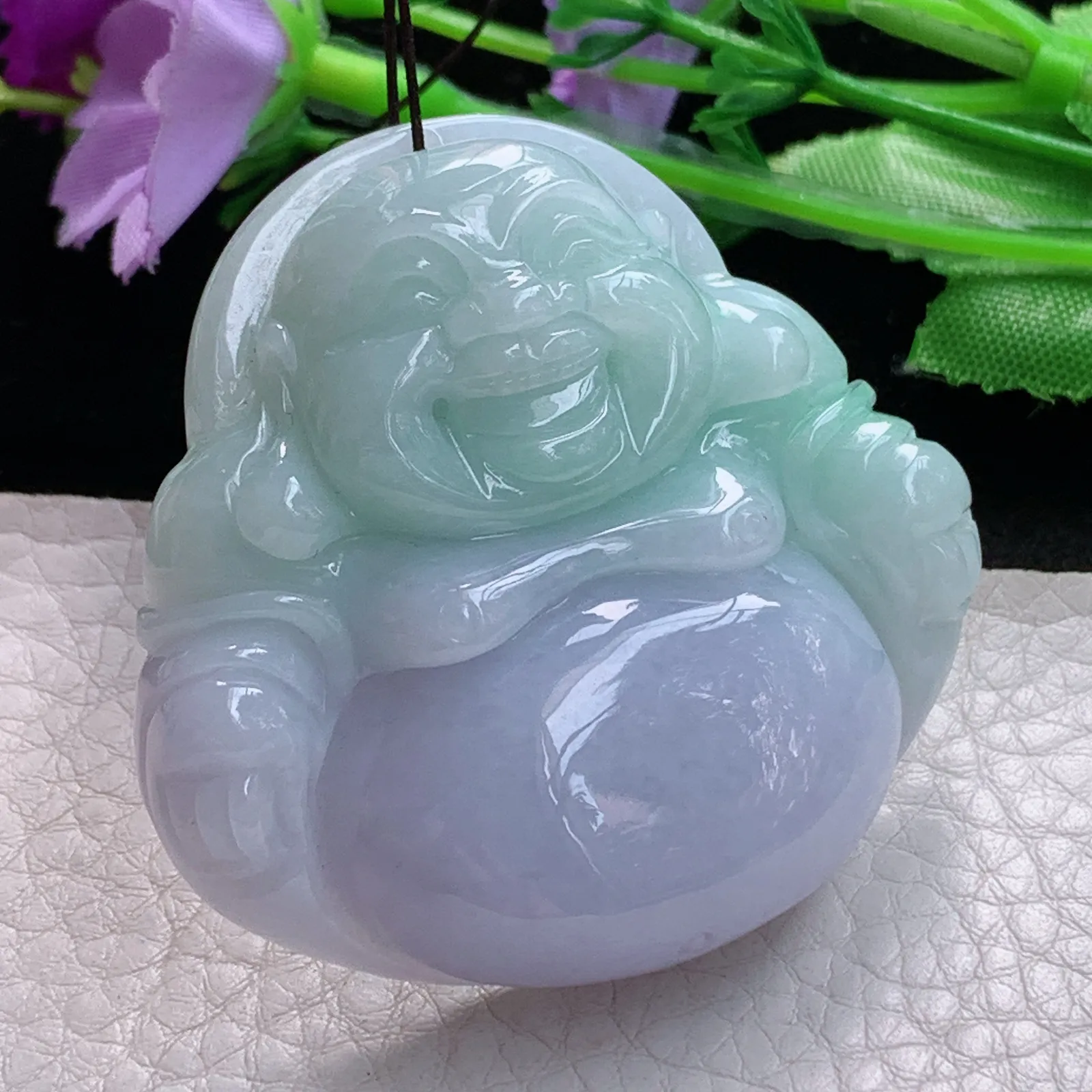 zen实拍49*50.8*13缅甸翡翠精美春带彩大佛公 弥勒佛玉项坠 毛衣坠