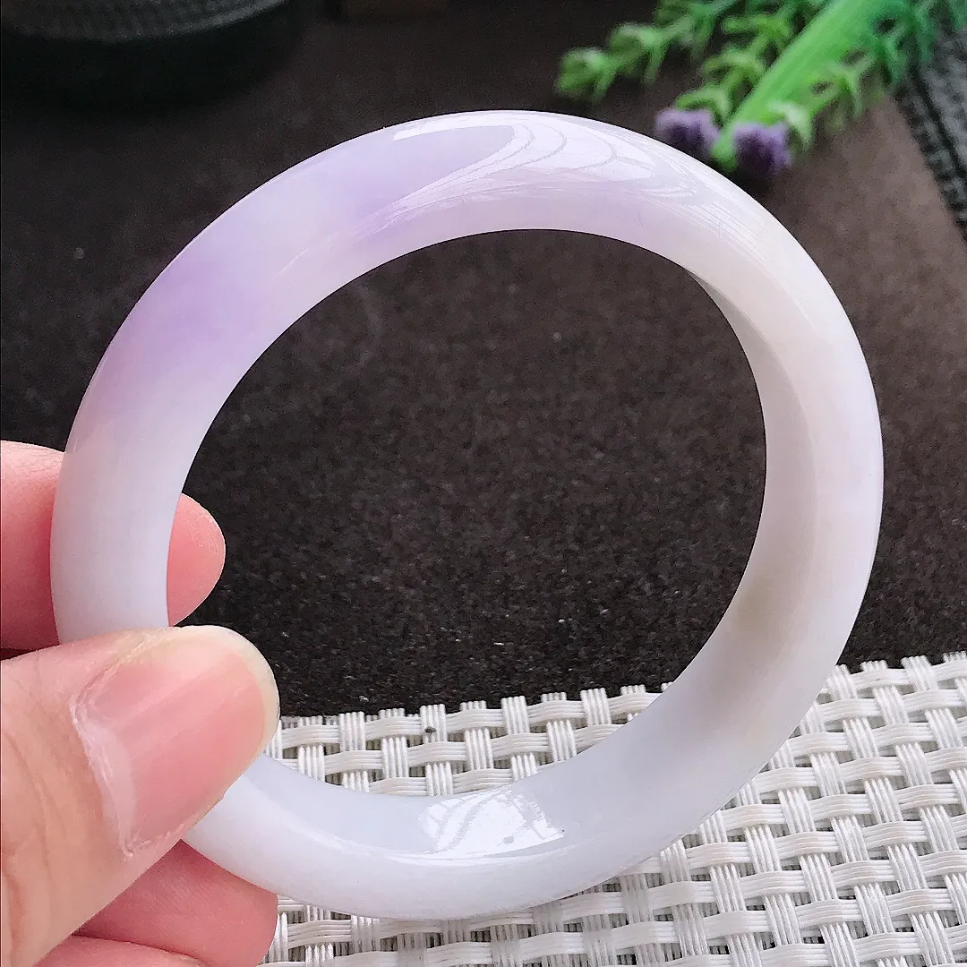 实拍A货翡翠55.5/12.4/8.6老坑秀气紫罗兰手镯翡翠玉镯子平安镯