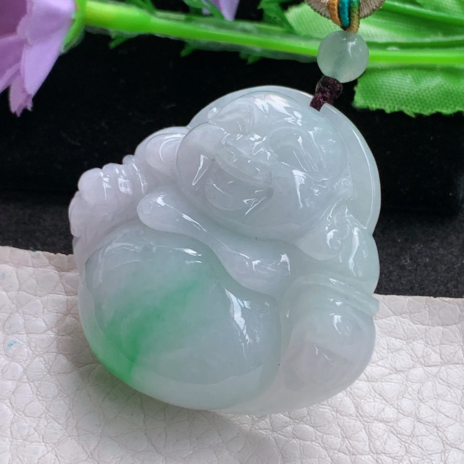 zen实拍39*41.5*13缅甸翡翠精雕白底青佛公 弥勒佛玉项坠 玉挂件