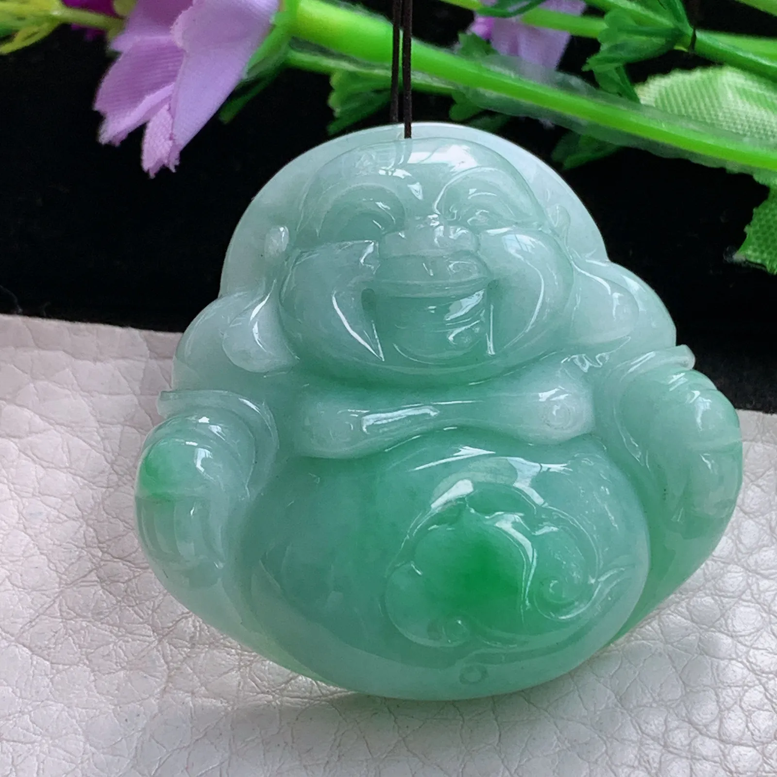 zen实拍44*46*13缅甸翡翠精美飘绿珊云大佛公 弥勒佛玉项坠 毛衣坠