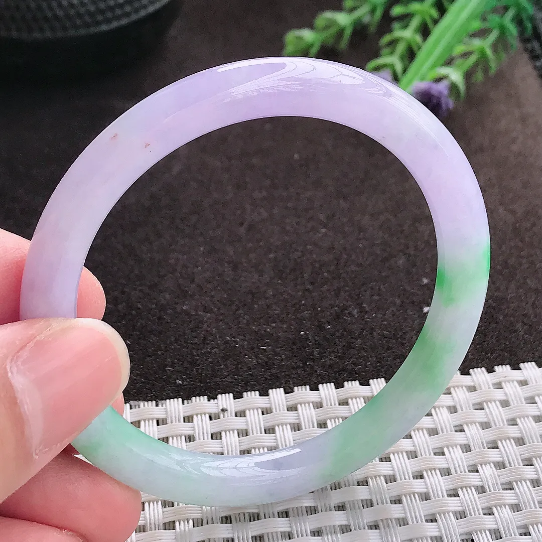 实拍A货翡翠51.5/6.5/7老坑精美春带彩圆条手镯翡翠细条玉镯子平安镯