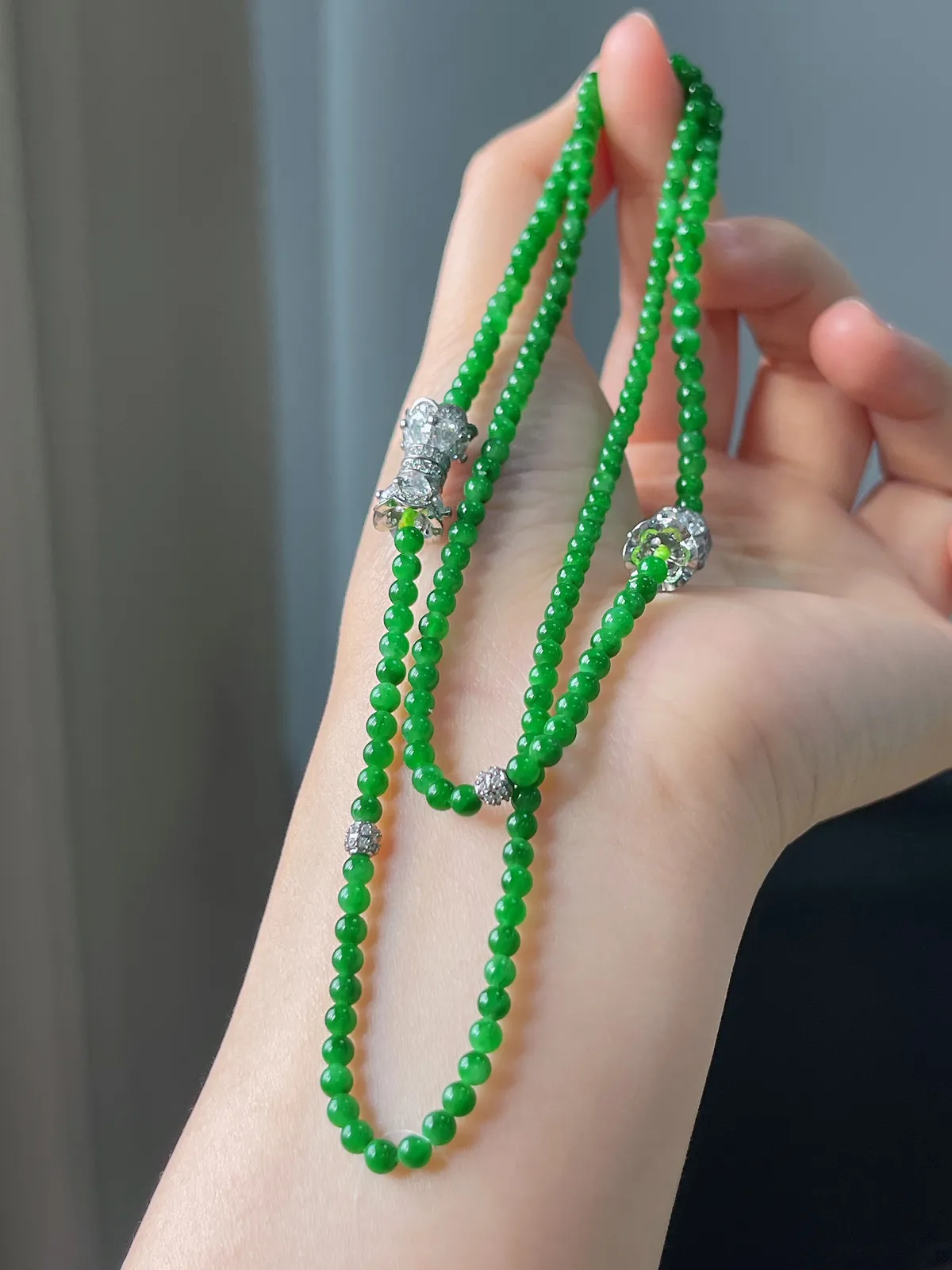 翡翠满绿小米珠项链+手链，两件套