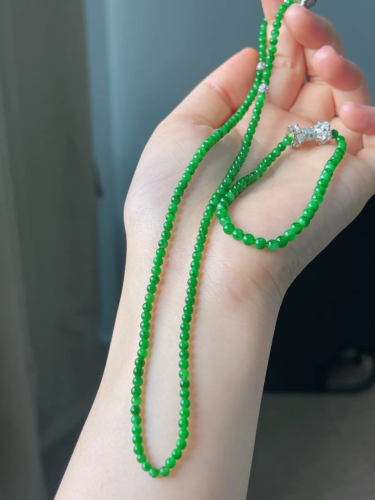 翡翠满绿小米珠项链+手链，两件套