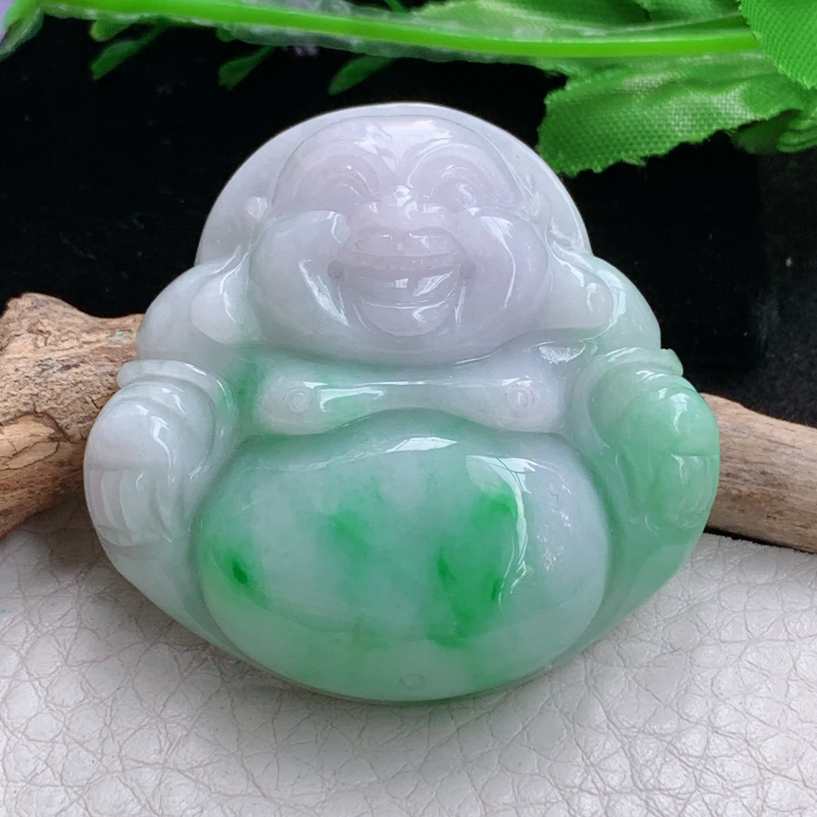 zen实拍45.3*47*12缅甸翡翠精美春带彩大佛公 弥勒佛玉项坠 玉挂件