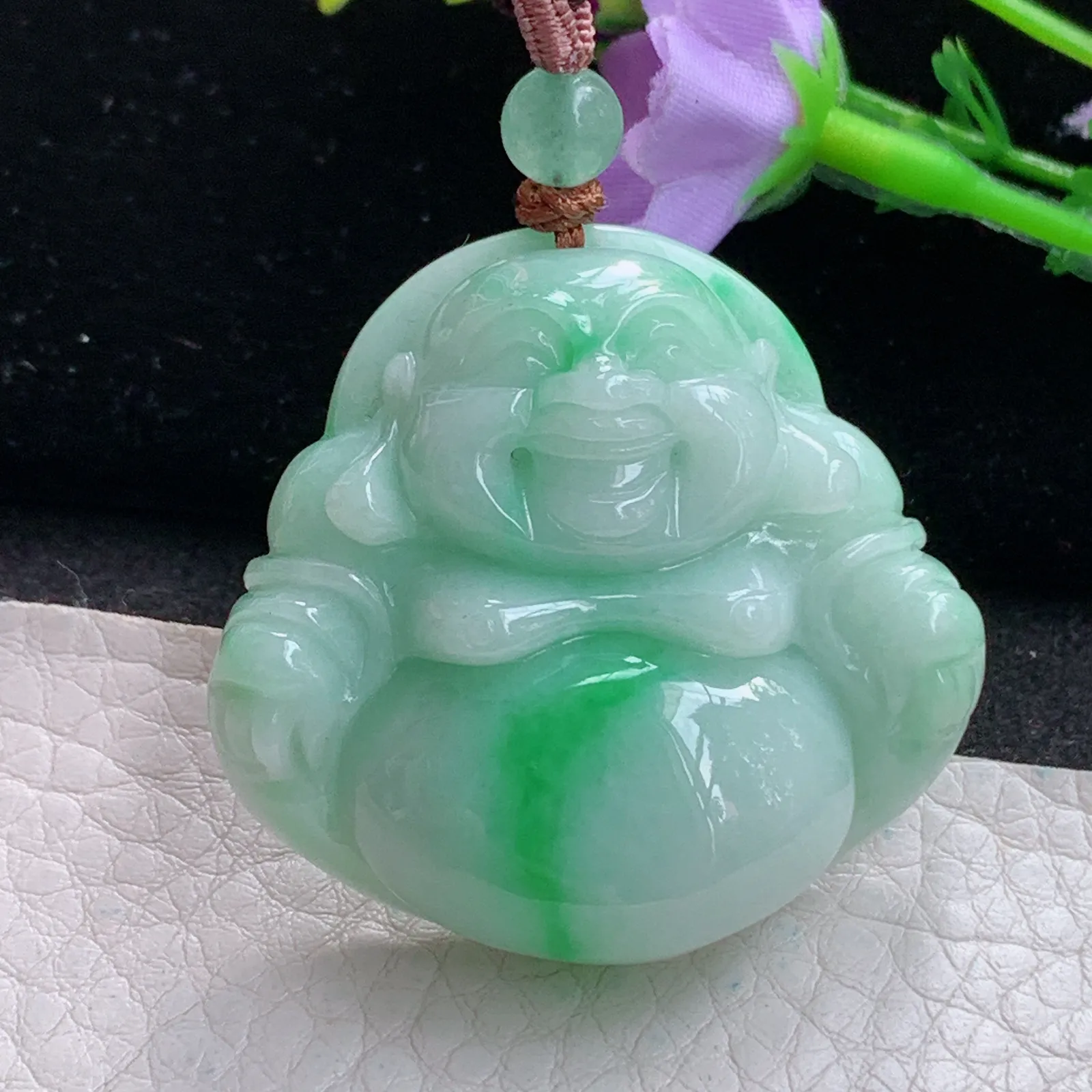 zen实拍43.6*46*13.2缅甸翡翠精美飘绿大佛公 弥勒佛玉项坠 玉挂件