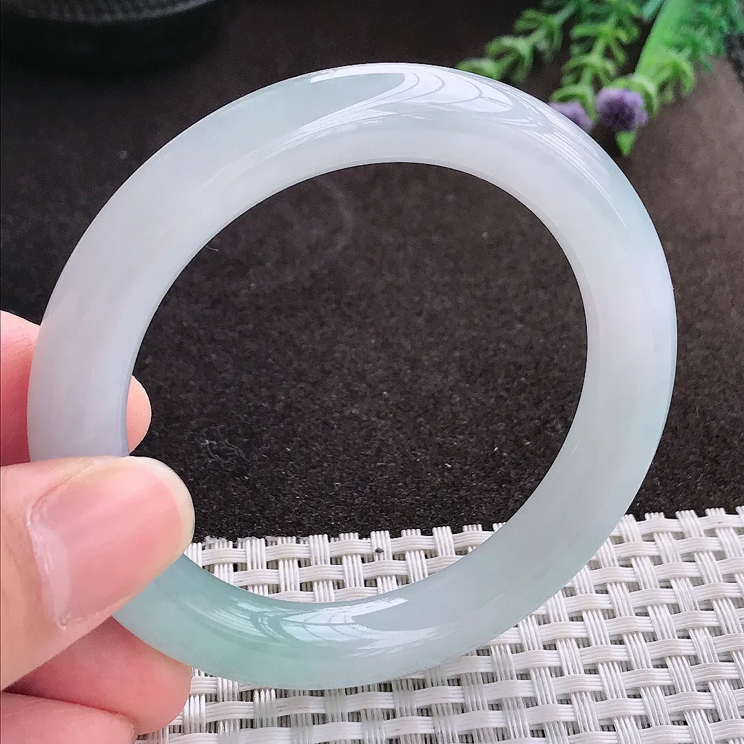 实拍A货翡翠54/10.1/10老坑冰胶果冻飘花圆条手镯翡翠玉镯子平安镯