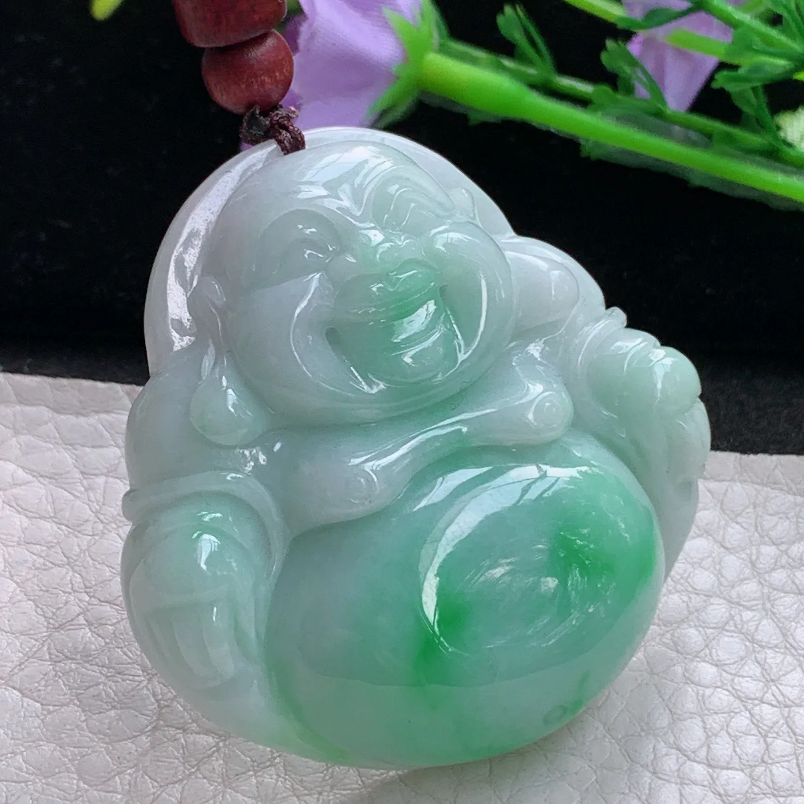 zen实拍49*48*12.5缅甸翡翠精美飘绿大佛公 弥勒佛玉项坠 毛衣坠