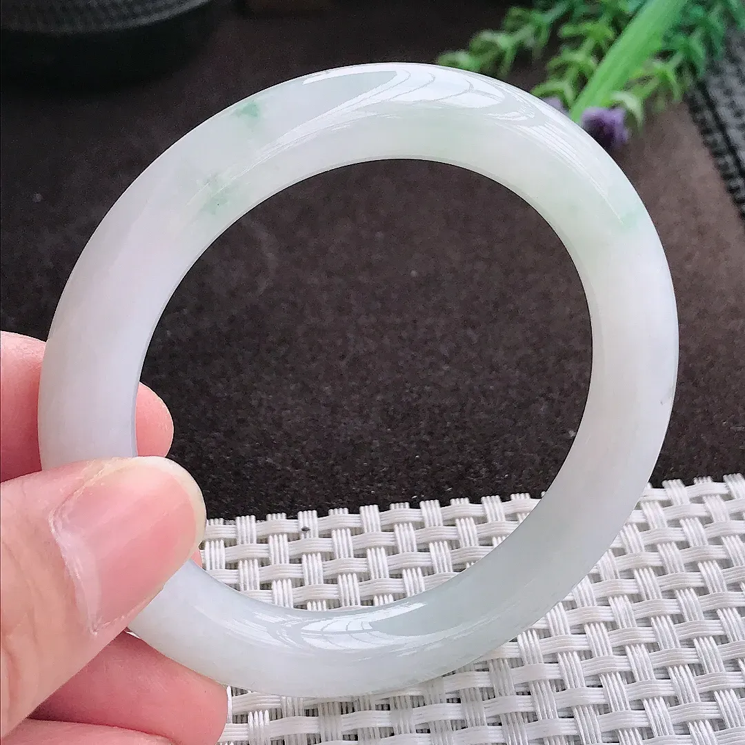 实拍A货翡翠53.6/9.5/9.7老坑冰润水灵飘花圆条手镯翡翠玉镯子平安镯