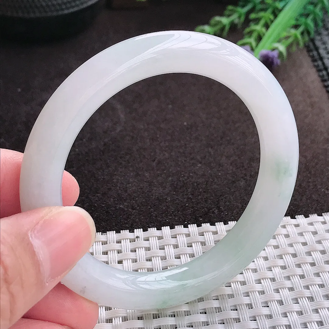 实拍A货翡翠53.6/9.5/9.7老坑冰润水灵飘花圆条手镯翡翠玉镯子平安镯