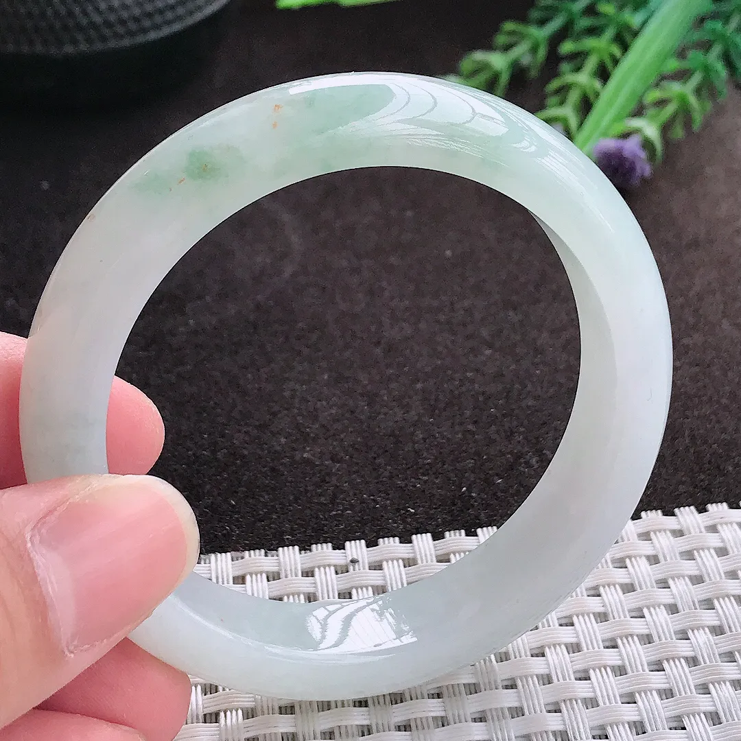 实拍A货翡翠53/12.3/8老坑冰润水灵飘花手镯翡翠玉镯子平安镯