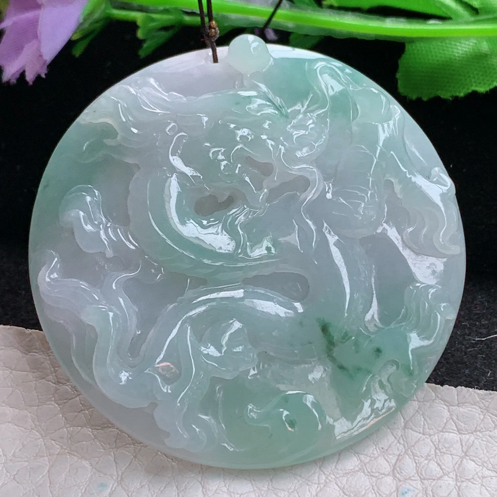 zen实拍54*9.2缅甸翡翠精美飘花龙牌 龙行天下玉项坠 毛衣坠