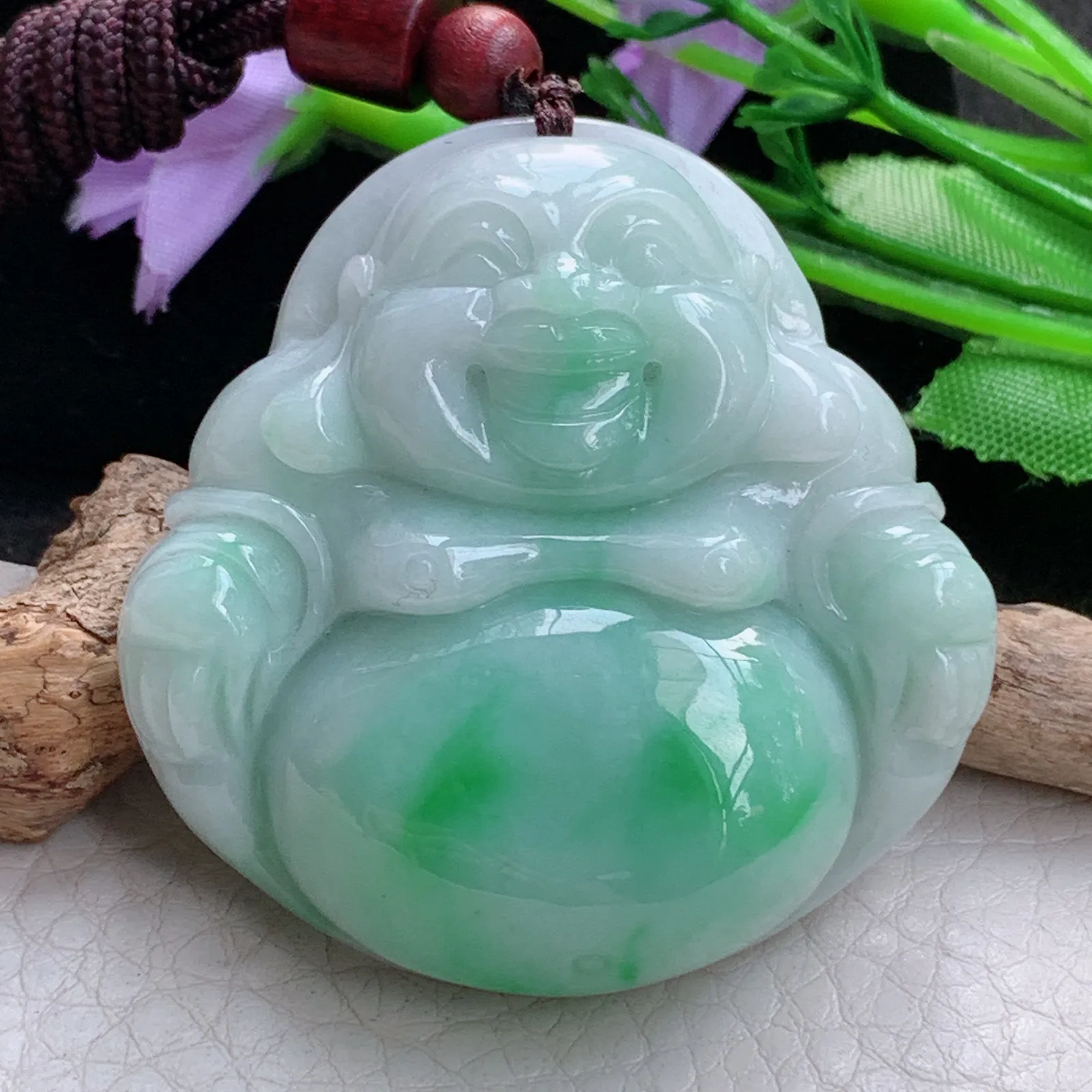 zen实拍49*48*12.5缅甸翡翠精美飘绿大佛公 弥勒佛玉项坠 毛衣坠