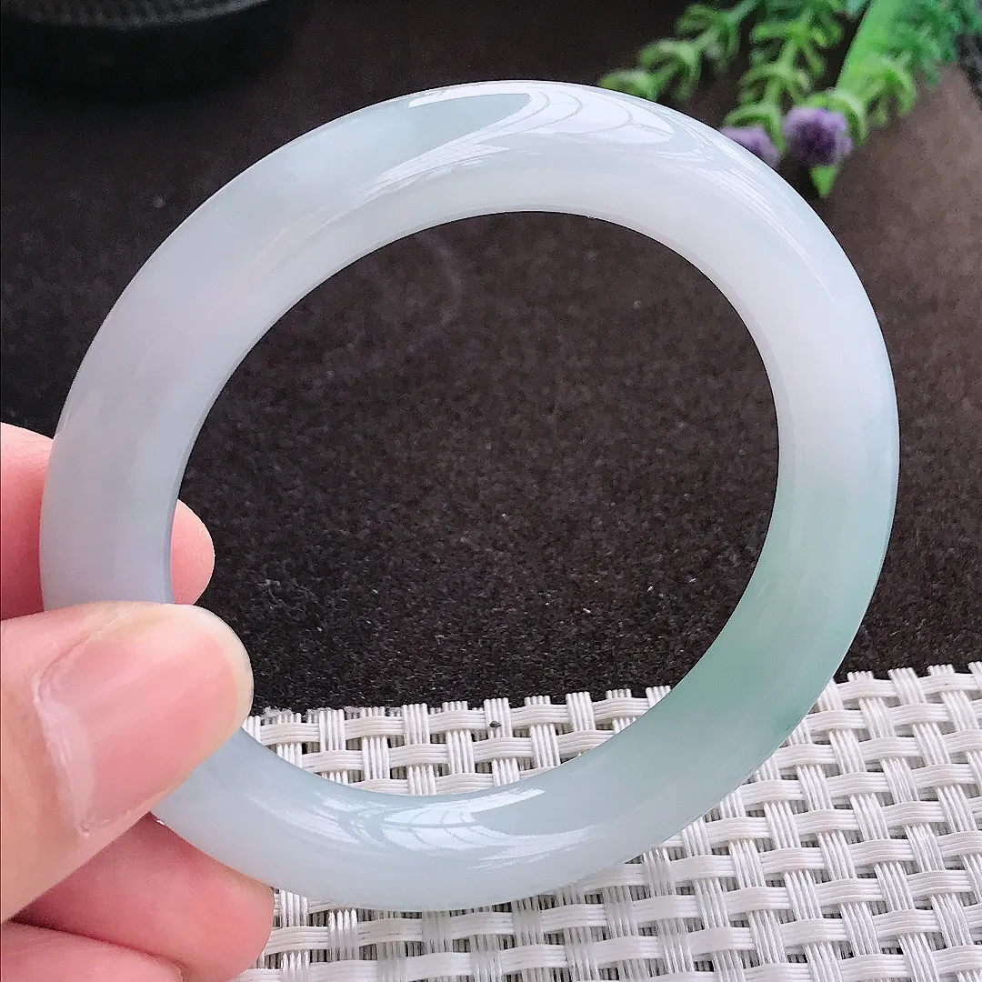 实拍A货翡翠54/10.1/10老坑冰胶果冻飘花圆条手镯翡翠玉镯子平安镯