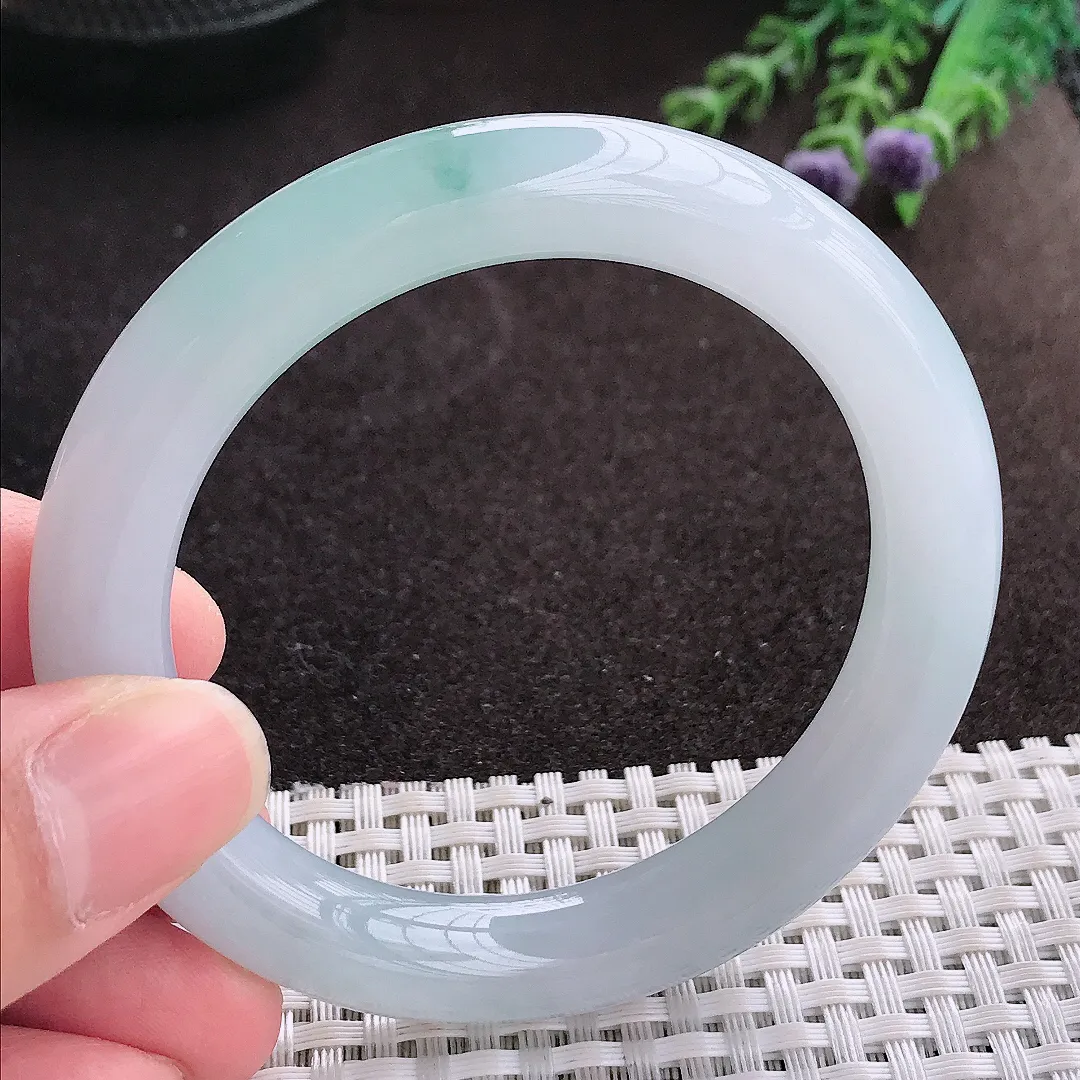 实拍A货翡翠54/10.1/10老坑冰胶果冻飘花圆条手镯翡翠玉镯子平安镯